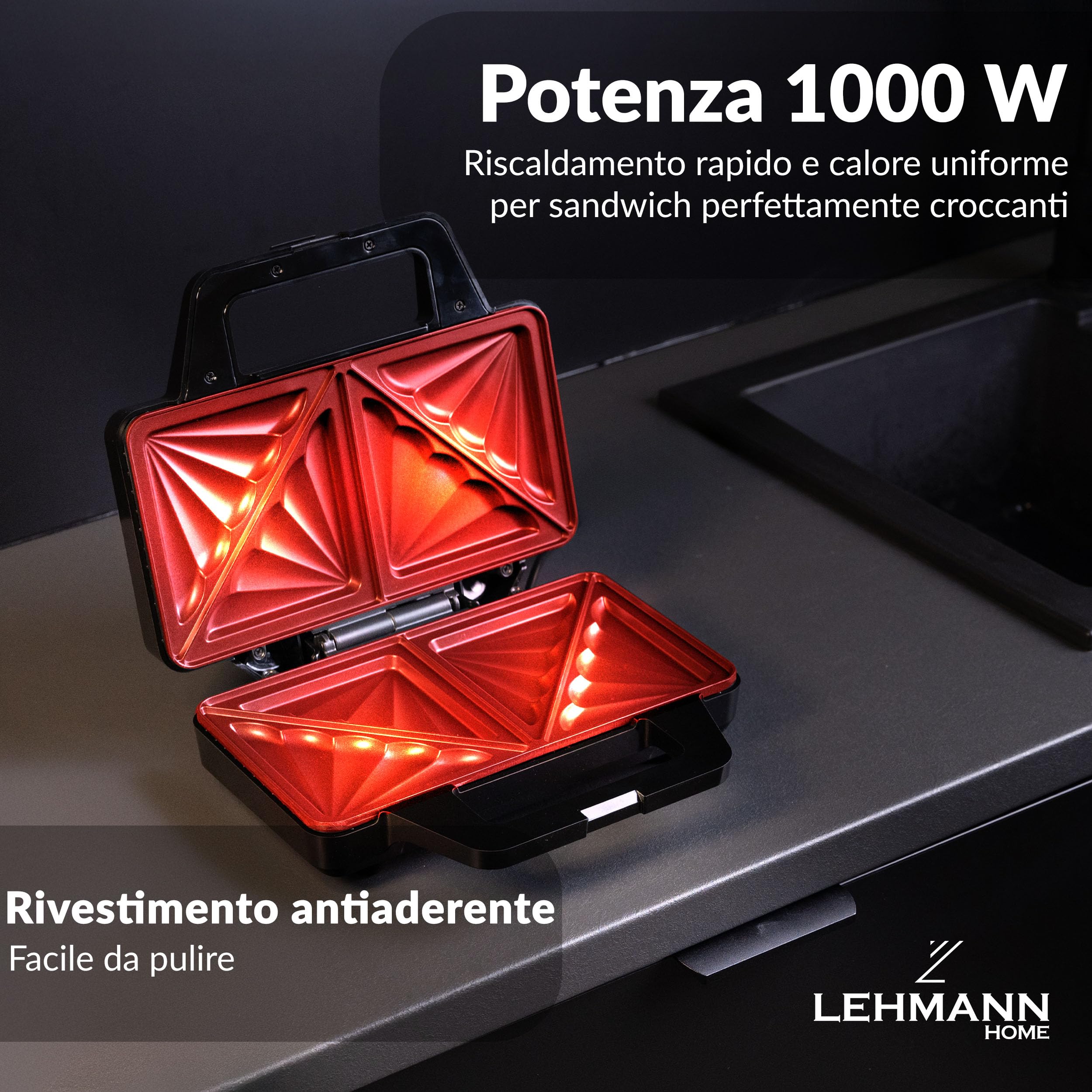 LEHMANN Sandwich Maker XXL – Piastre Extra Grandi – Tostiera Elettrica XXL per 2 Sandwich a Forma di Conchiglia – Antiaderente – Indicatore di Prontezza – Facile da Pulire – 1000W