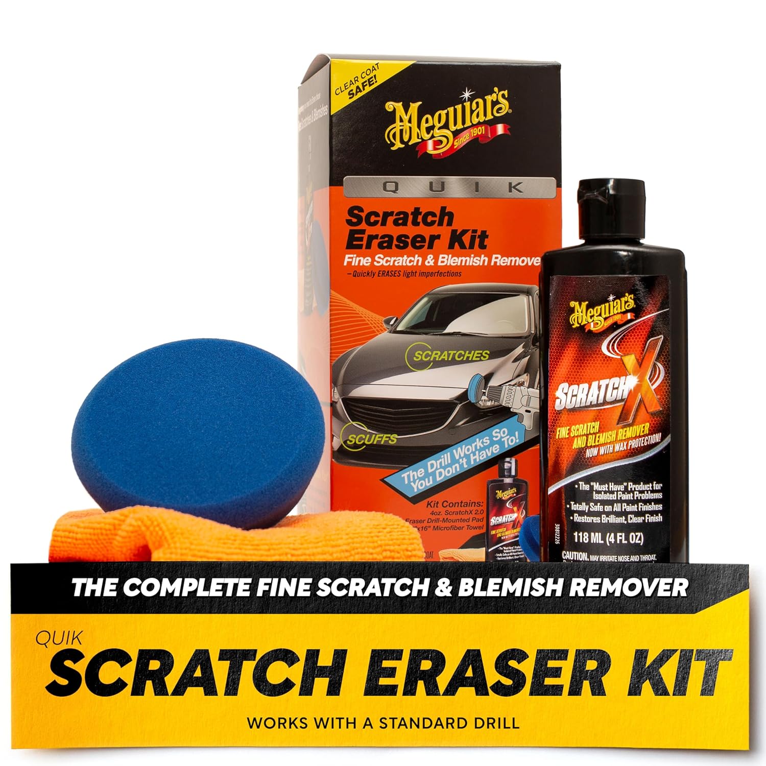 Meguiar's Quik Scratch Eraser Kit, Car Scratch Remover for Repairing Surface Blemishes, Car Care Kit with ScratchX, Drill-Mounted Pad, and Microfiber Towel, 4 Count