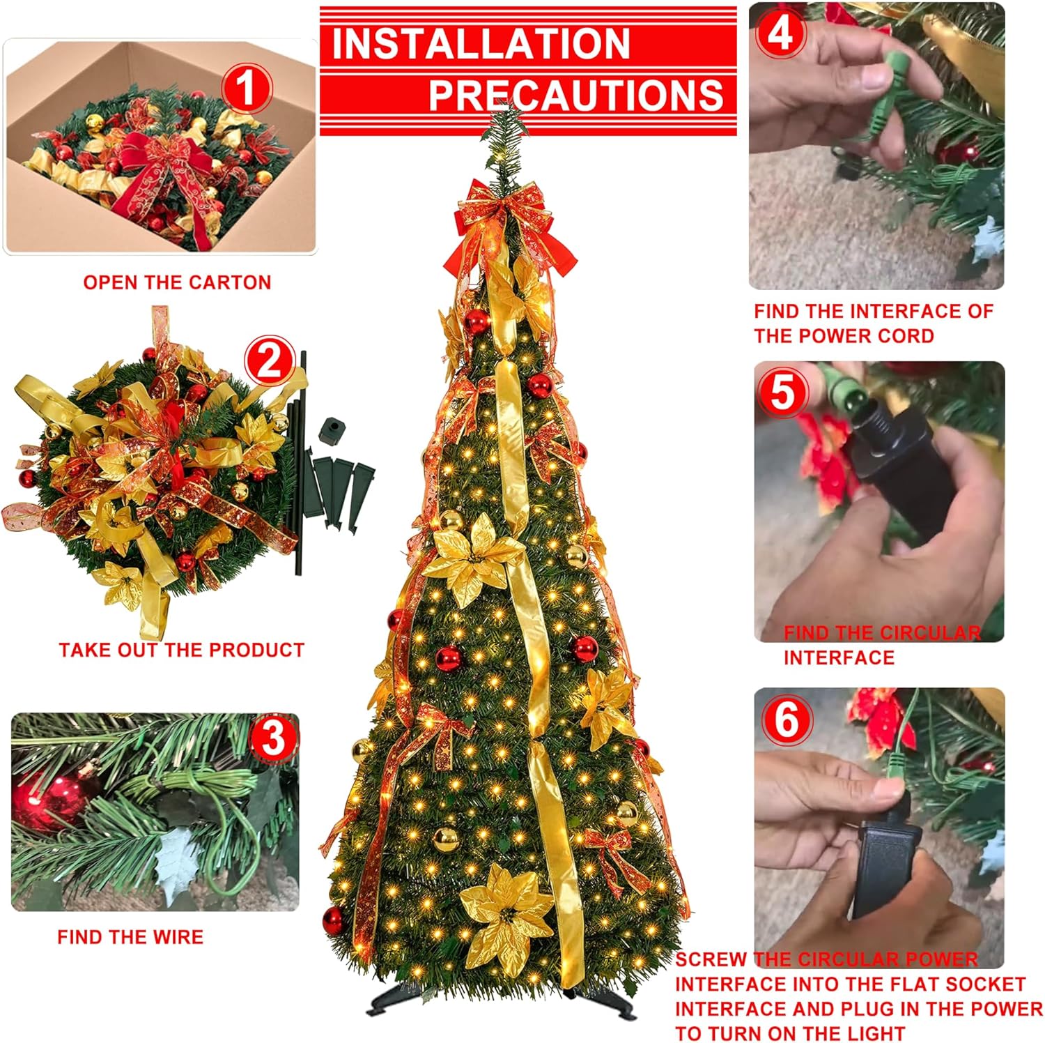 6 ft pre-lit Decorated Christmas Tree, 200 LED Warm Lights, Prelit pop-up Christmas Tree, Fully Decorated 66 Ornaments, Collapsible Pull Up Christmas Tree with Lights for Indoor Home Party Decor