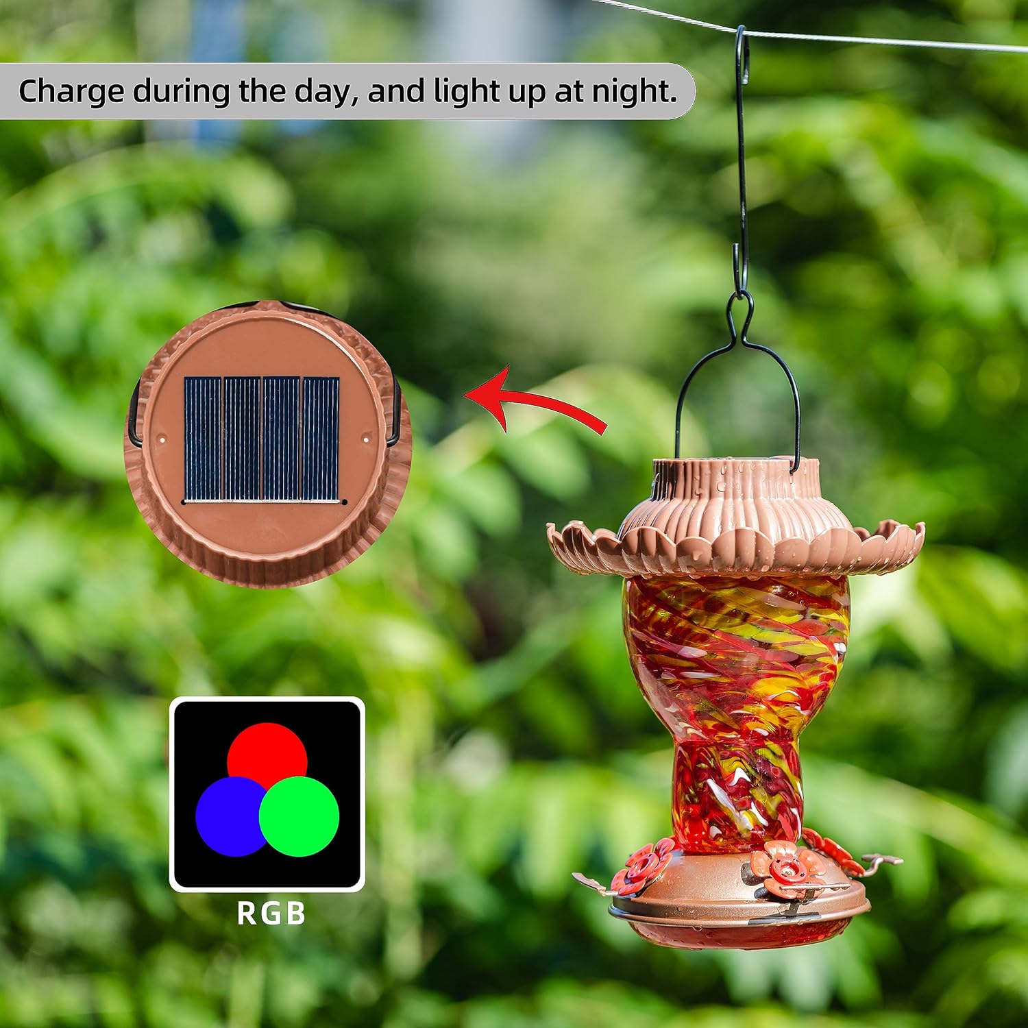 Solar Hummingbird Feeder for Outdoors Hanging Ant and Bee Proof, 25oz Color Changing Light Hand Blown Glass, Leakproof Garden Decor, Gitfs for Bird Lover - Image 2