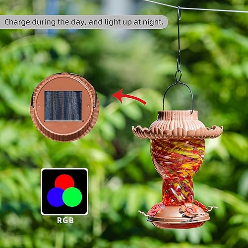 Miniatura 9 de Comedero solar para colibríes para exteriores, colgante a prueba de hormigas y abejas, 25 onzas, luz que cambia de color, vidrio soplado a mano,