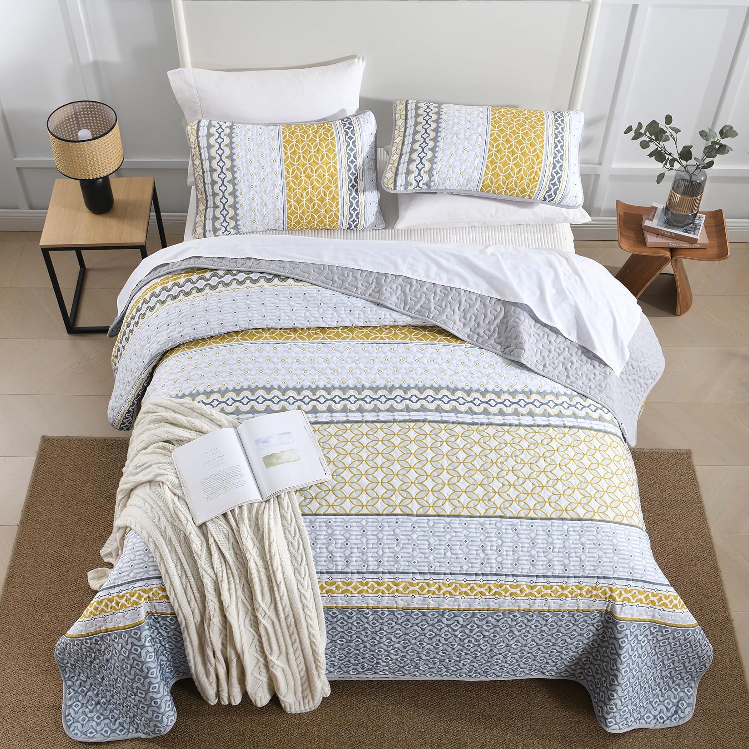 DJY Yellow Quilt Set King Size, Boho Yellow Grey Striped Bedspread Coverlet Set Soft Microfiber Patchwork Quilt Bedding Set 3 Pieces for All Season - Image 3