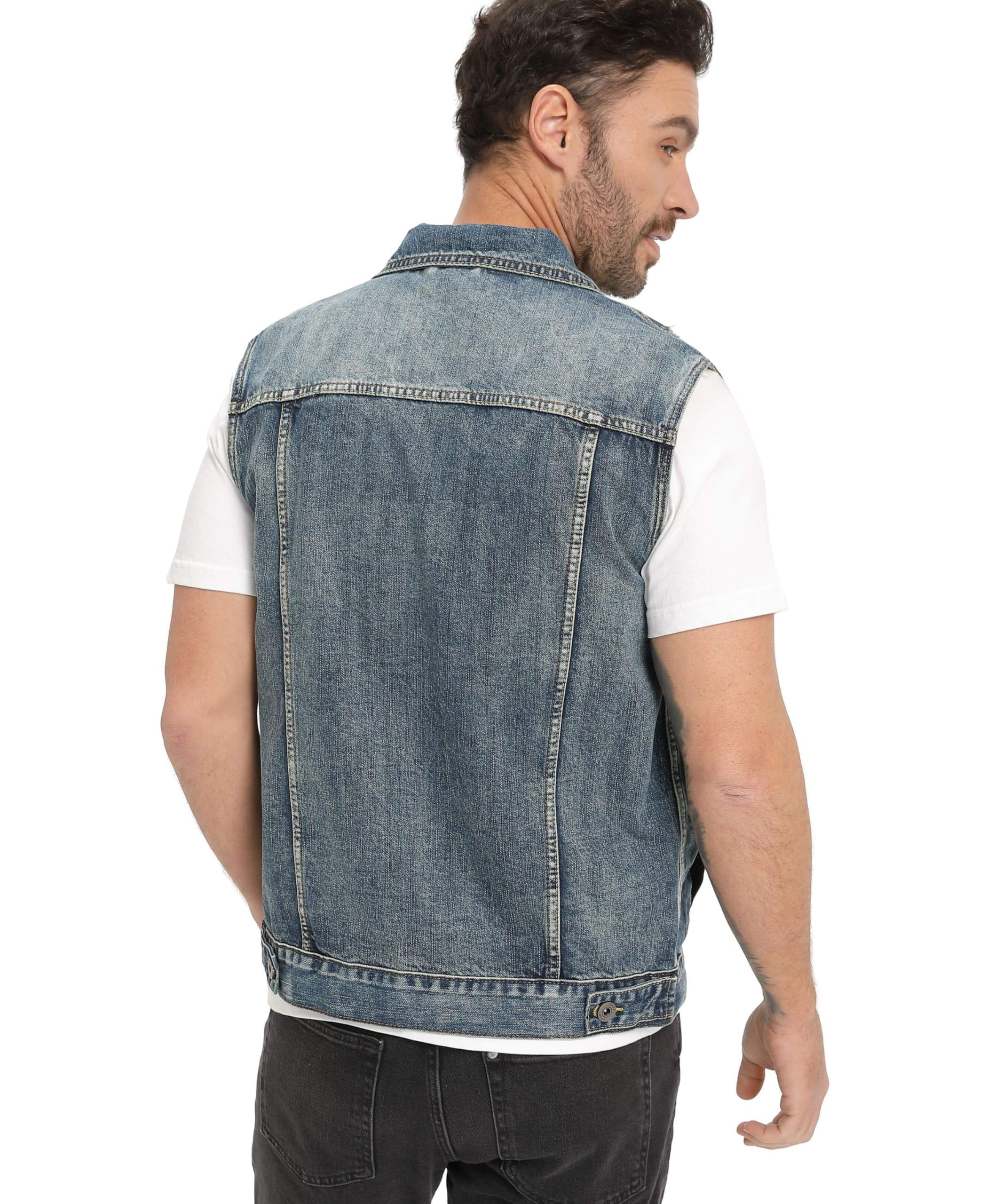 Chaleco de Denim para Hombre Clásico Rasgado de Algodón Chaleco Sin Manga Vintage Jeans Chaqueta con Botones Moto Multibolsillos