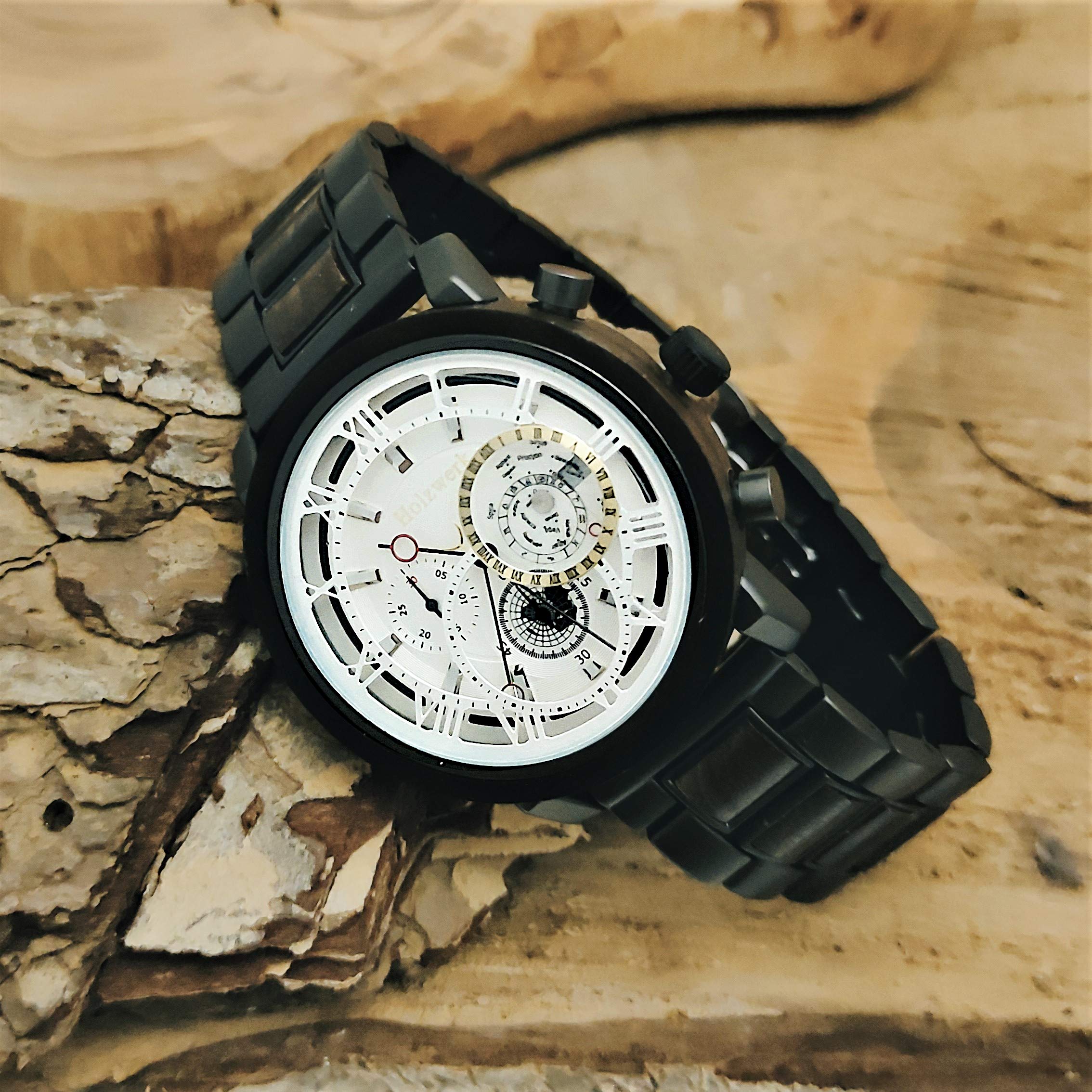 Holzwerk Germany Ręcznie wykonany designerski zegarek męski ekologiczny naturalny drewniany zegarek chronograf bransoletka zegarek analogowy zegarek kwarcowy brązowy czarny cyfry rzymskie data drewno