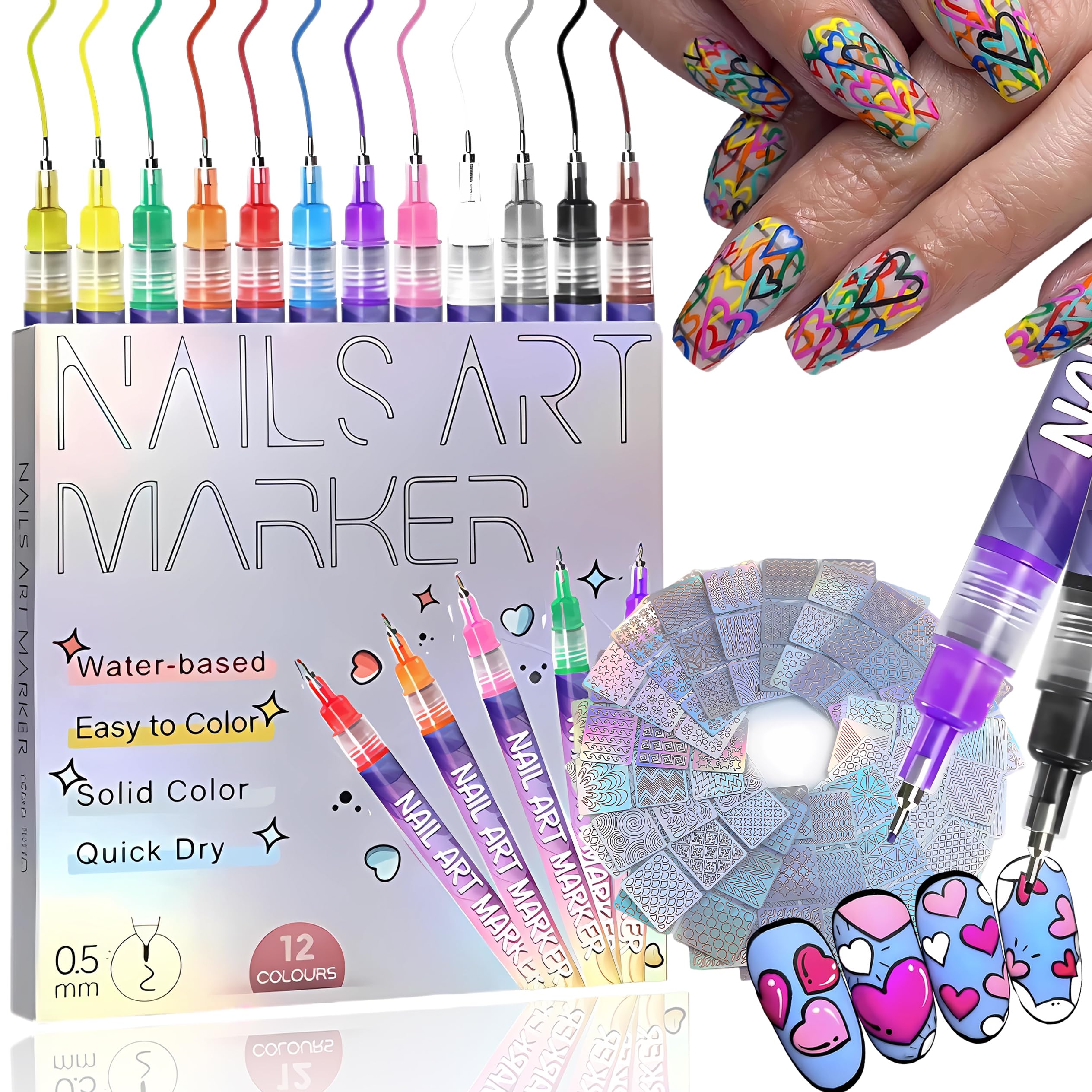 Nail Art Pens 12 Colors Nail Art Pens Set 0 5mm 3D Nail Polish Pens 24 Reusable Template