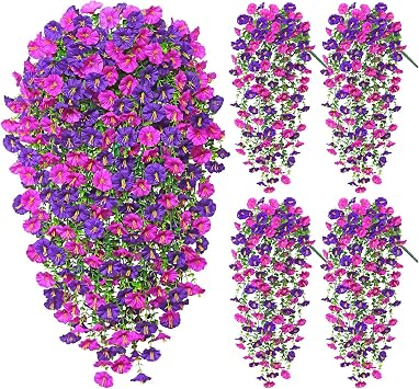 TOCHGREEN Artificial Fake Hanging Flowers Plants for Outdoor Decoration 4PCS Faux Silk Morning Glory Flowers UV Resistant Hanging Plants for Home Porch Patio Garden Decor Purple Fuchsia