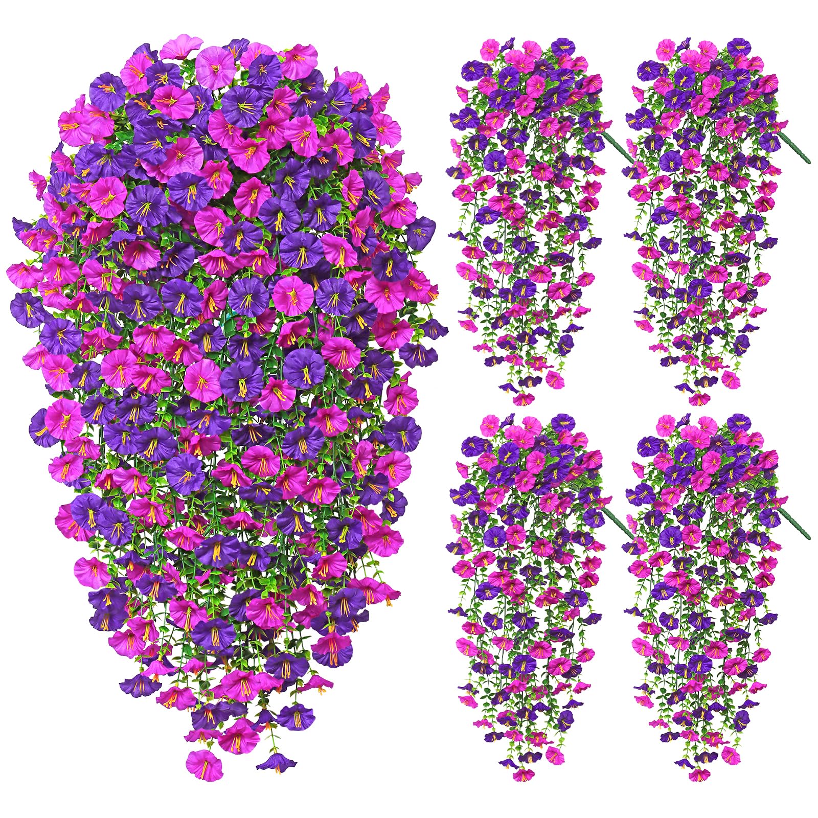 TOCHGREEN Artificial Fake Hanging Flowers Plants for Outdoor Decoration 4PCS Faux Silk Morning Glory Flowers UV Resistant Hanging Plants for Home Porch Patio Garden Decor (Purple F image 4