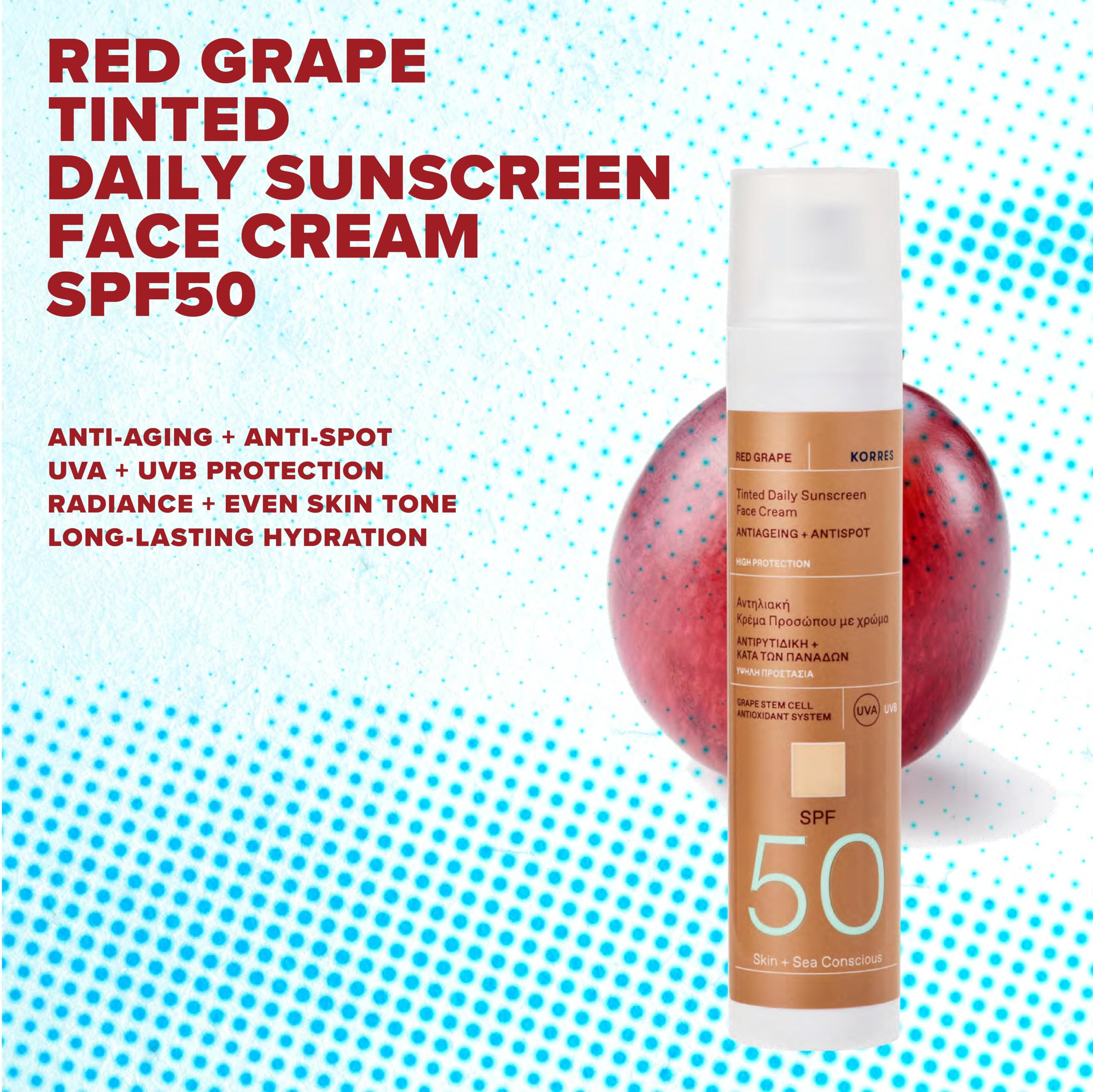 KORRES RED GRAPE przyciemniany krem przeciwsłoneczny do twarzy, LSF 50, przeciwstarzeniowy + przeciw ciemnościom, testowany dermatologicznie, wegański, 50 ml