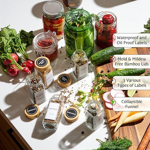 Miniatura 3 de Juego de 24 tarros de especias de vidrio con varias etiquetas, tapas y embudo de bambú, tarros de almacenamiento de cocina con tapa hermética,
