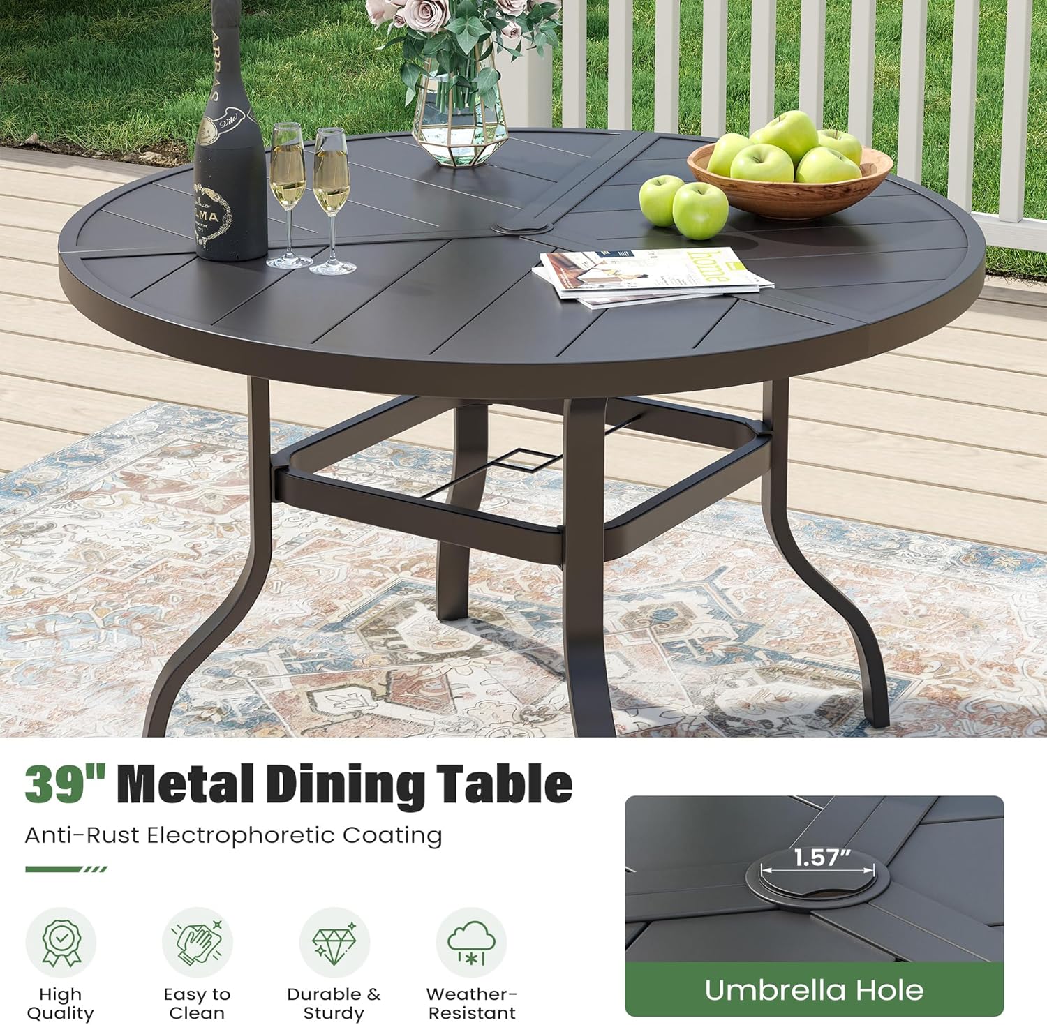 UDPATIO 5 Piece Outdoor Patio Table and Chairs Set for 4, 39" Black Round Table with Umbrella Hole, Gray Patio Chairs, Patio Table with Chairs, Outdoor Patio Dining Set for Lawn, Backyard, Deck