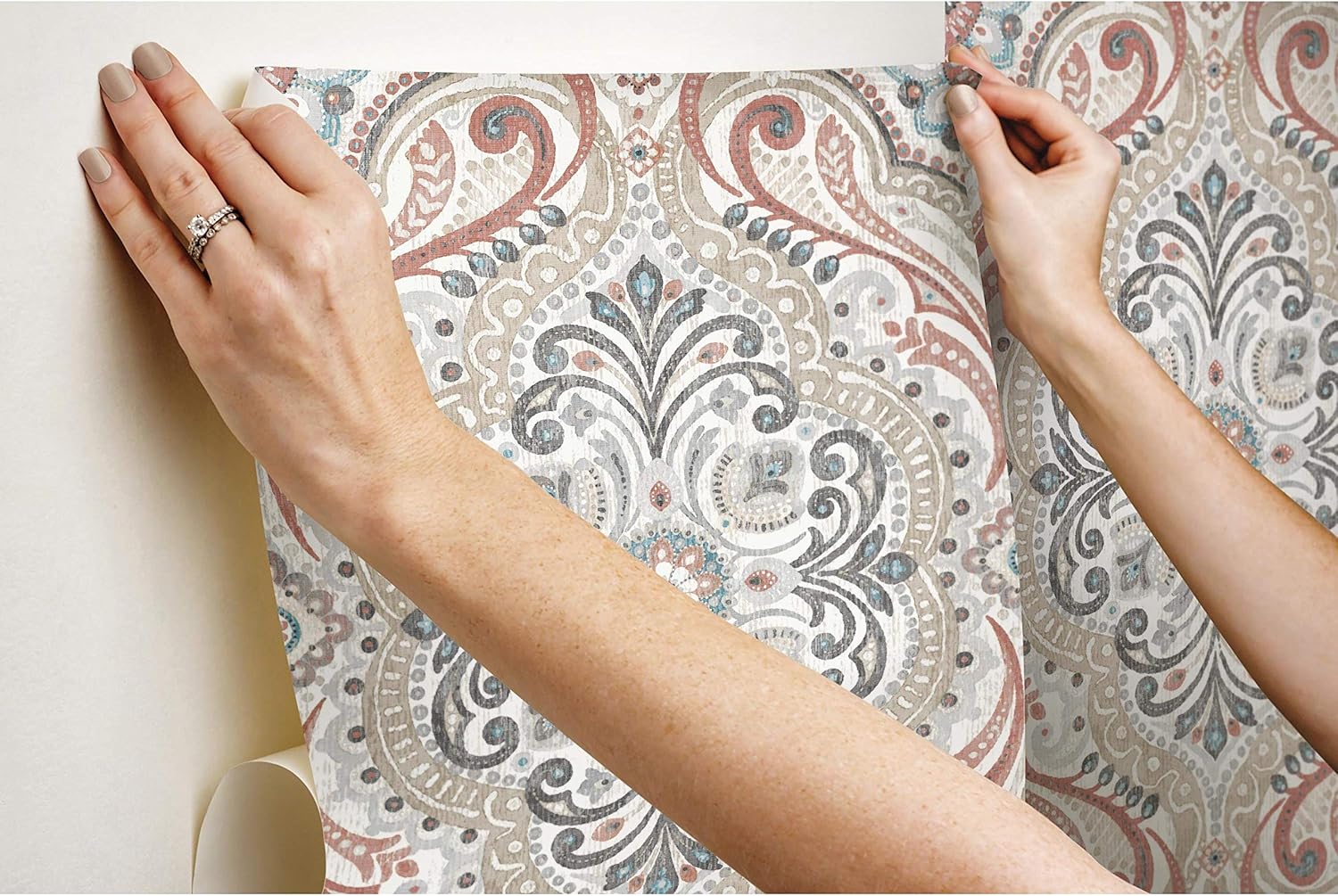 RoomMates RMK11830WP Beige and Red Boho Damask Peel and Stick Wallpaper