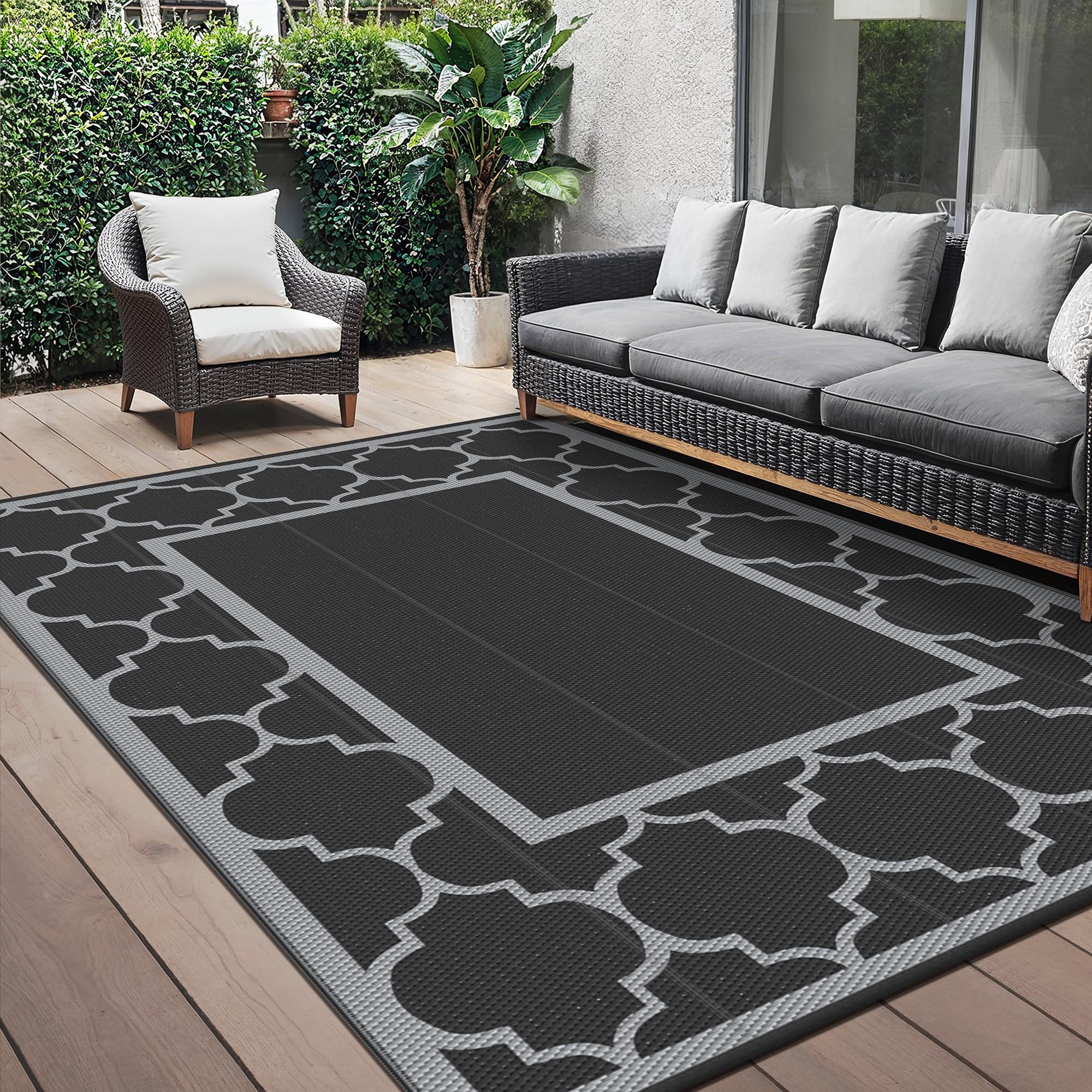 GENIMO Outdoor Rug 275x365cm,Garden Rugs Waterproof Reversible Plastic Carpet, Washable Large Outdoor Rug for RV, Patio, Camping, Picnic, Deck, Camper,Black & Grey