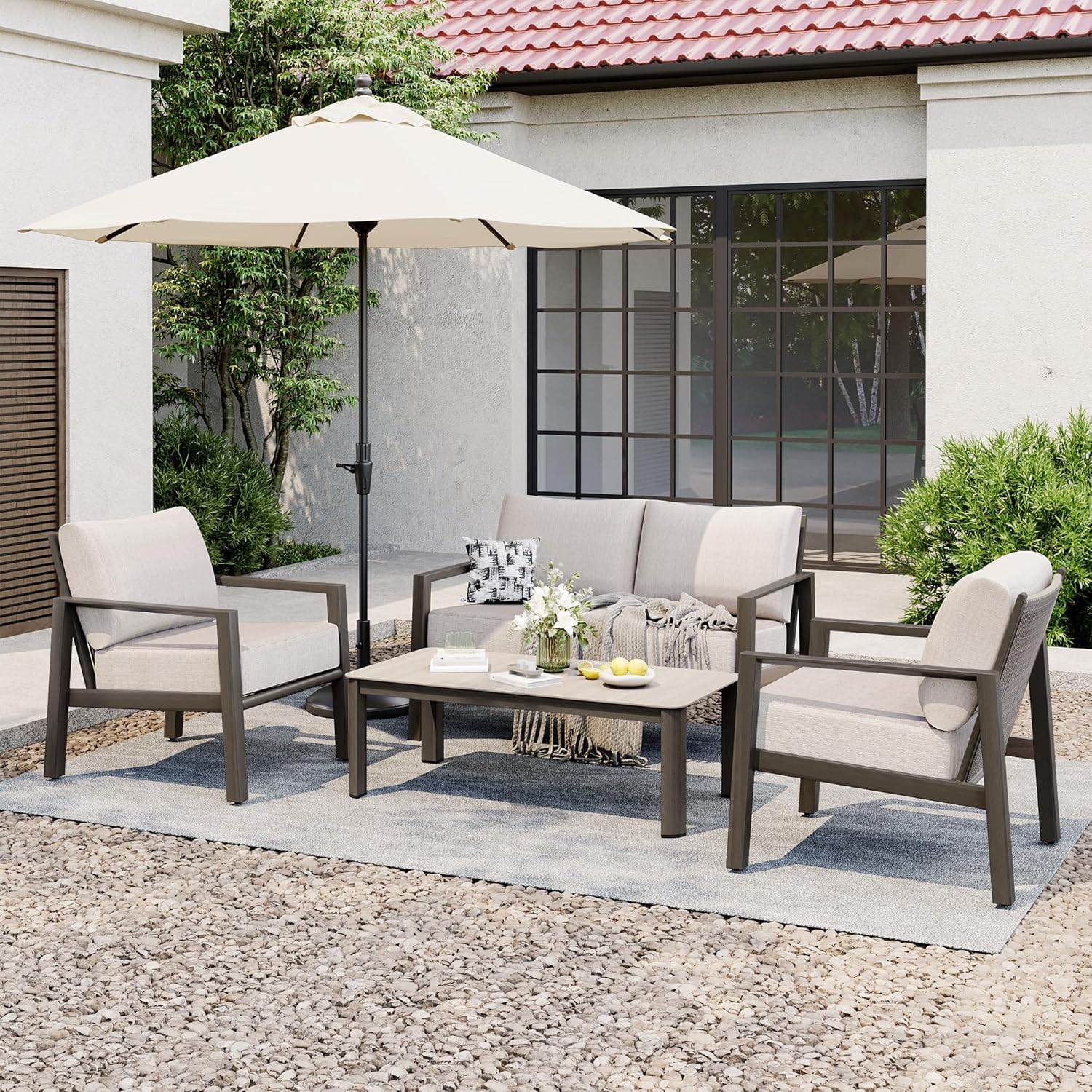 HAPPATIO Patio Conversation Set, 4-Piece Aluminum Oversized Patio Furniture Set with Rope Woven Backrest, 2 Chairs and Loveseat with Thick Cushion, Hand-Brushed Frame for Yard, Porch, Balcony
