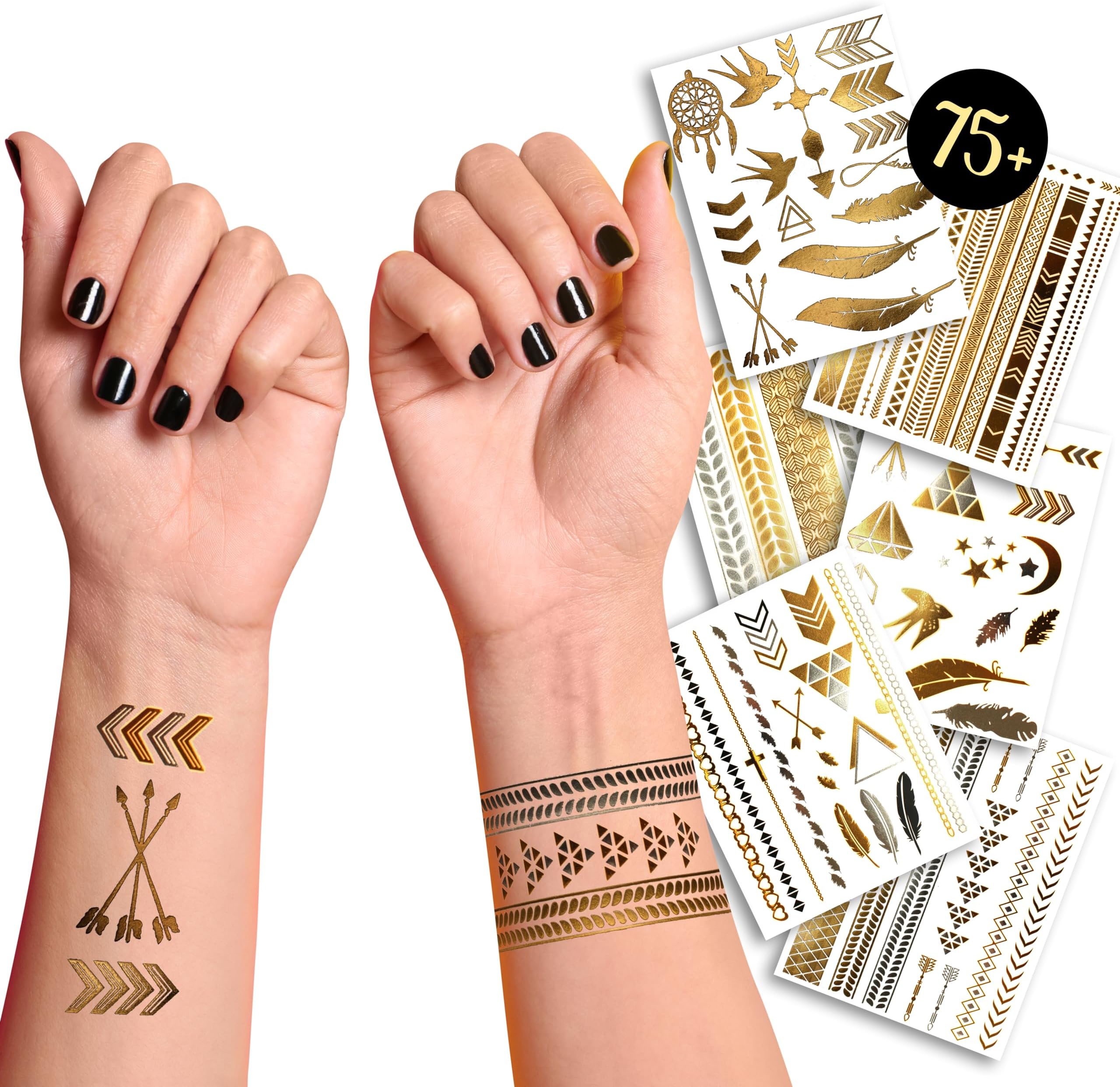 Metallic Bohemian Temporary Hair Tattoos - Over 75 Designs Gold Silver (6 Sheets) Terra Tattoos Hazel Collection