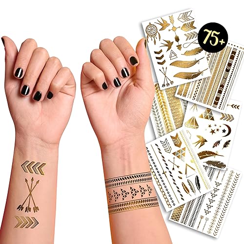 Miniatura 7 de Terra Tattoos Tatuajes temporales de Henna metálicos dorados, 75 diseños de elefantes, flores, mal de ojo y mucho más. Impermeable no tóxico de