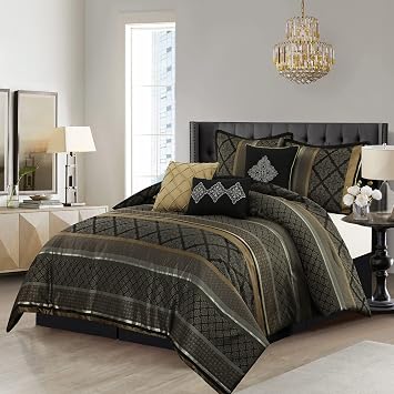 Stratford Park Jacquard 7 Piece Comforter Set, Black and Gold, Bed Size Queen, Geometric Bedding Set, Matching Shams, Bedskirt, Decorative Pillows