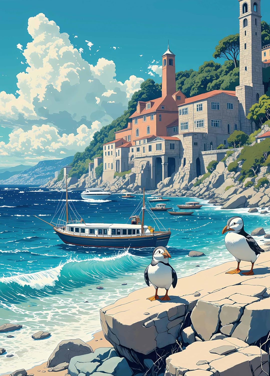 Puzzle for Adults 1000 Pieces, Coastal Puffin Town Puzzle, Challening Impossible Difficult Hard Fun 1000 Pieces Jigsaw Puzzles for Adults