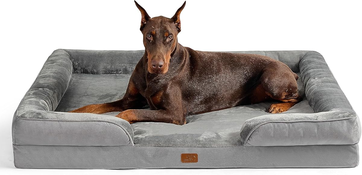 BEDSURE orthopädisches Hundebett Ergonomisches Hundesofa - 134x106 cm Hundecouch mit eierförmiger Kistenschaum für große Hunde, waschbar rutschfest Hundebetten, grau