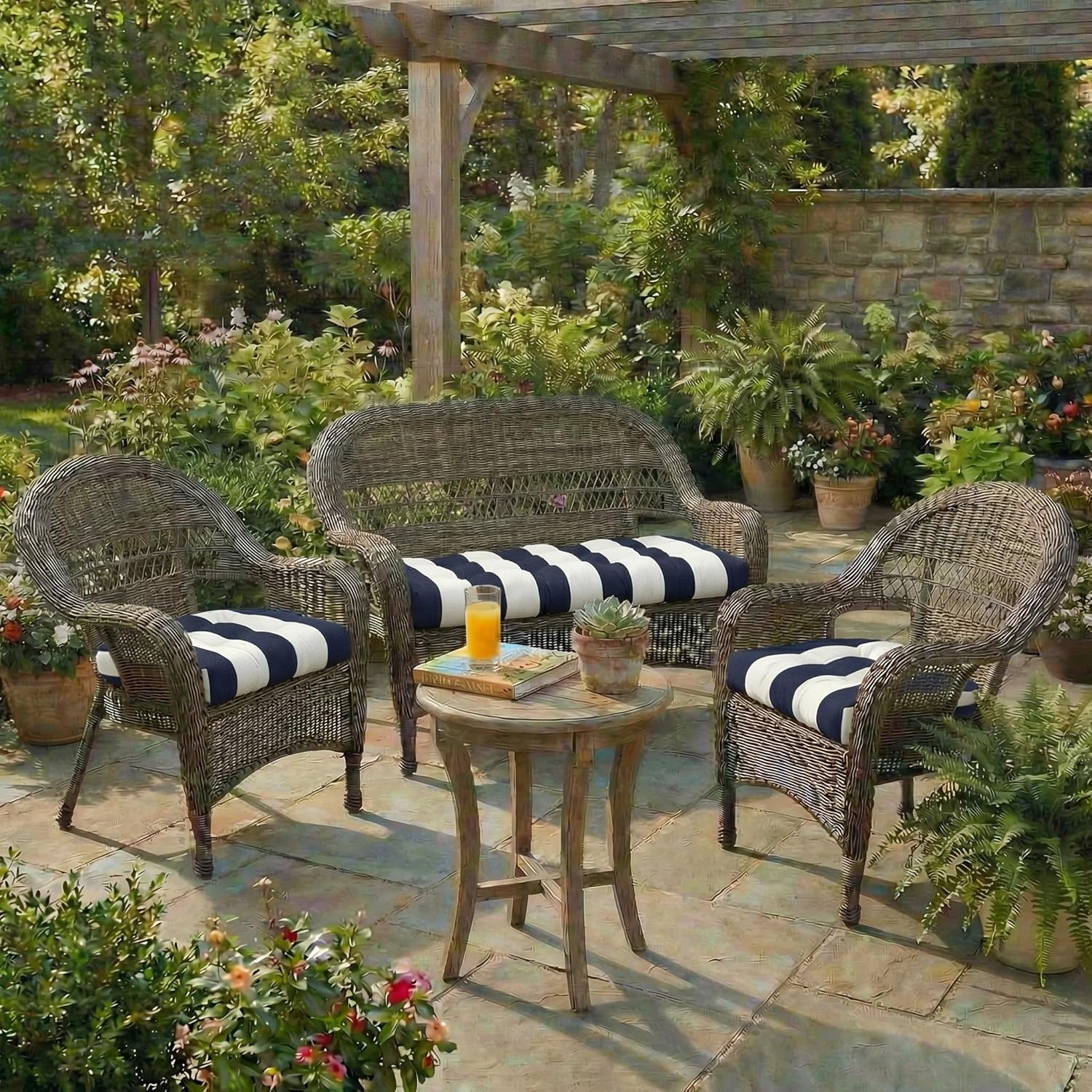 RSH DECOR: Sunbrella 3-Piece Wicker Tufted Cushion Set | 41" x 19" & 19" x 19" | Fade & Water-Resistant Fabric | Outdoor Loveseat & U-Shaped Seat Cushions | Made in USA (Cabana Midnight Navy Stripe)