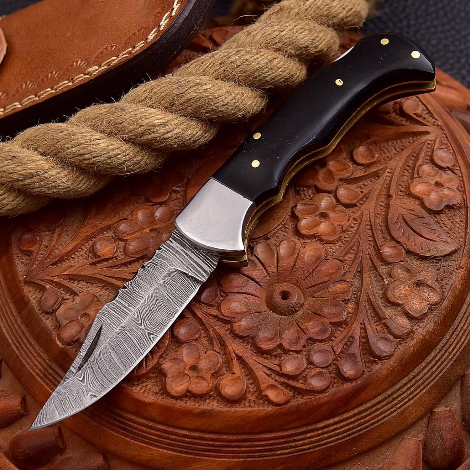 FM807 Pocket knife, Folding Clip Damascus Handmade Custom for Men Cool Good Camping Hunting Fishing & s Activities EDC Knives Leather Sheath Knife., Blue (Black)