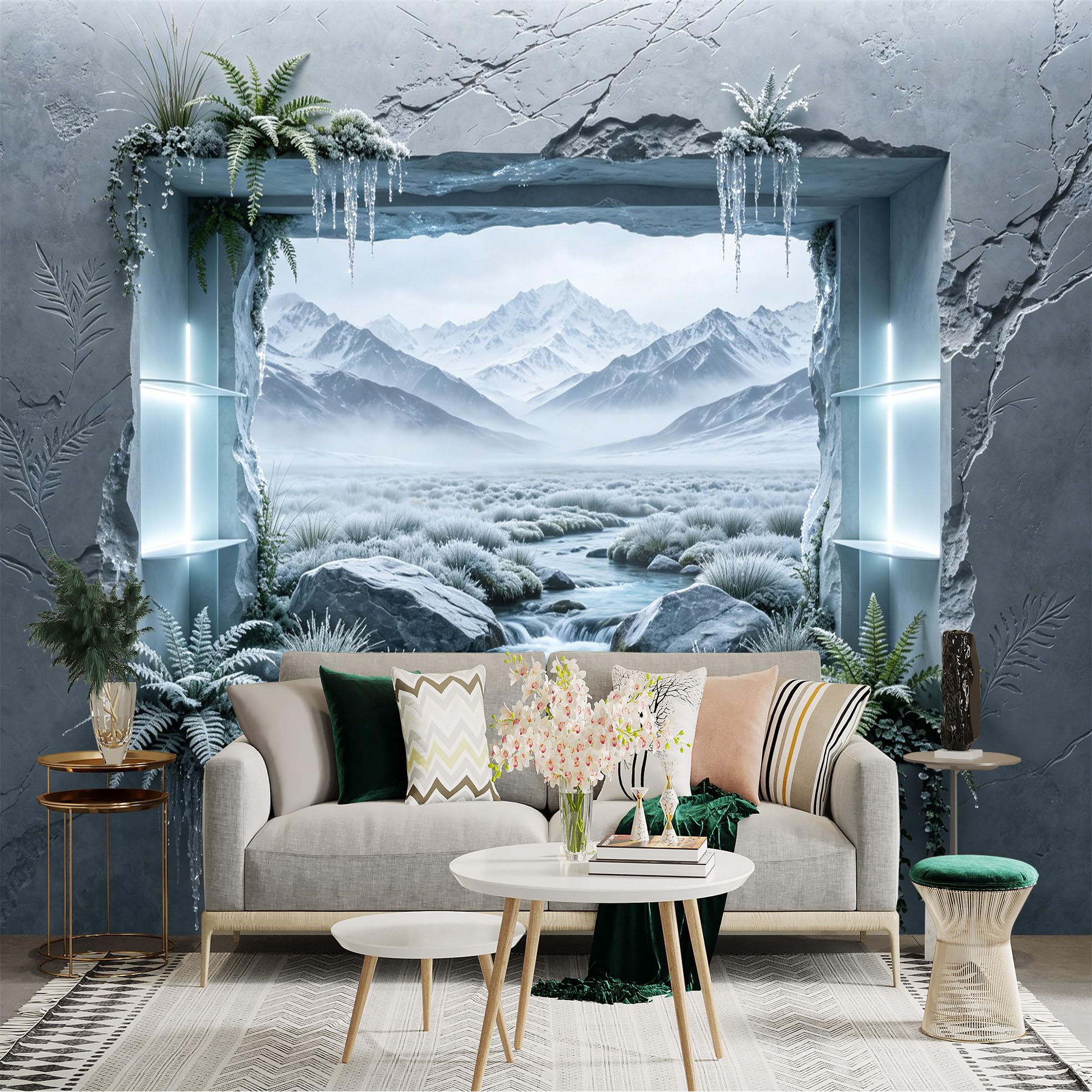 Custom Size Wall Sticker Mural， Frozen Mountain River Landscape with Snowy Rocks and ICY Plants， for wall Decoration， peelandstick wall Decals.