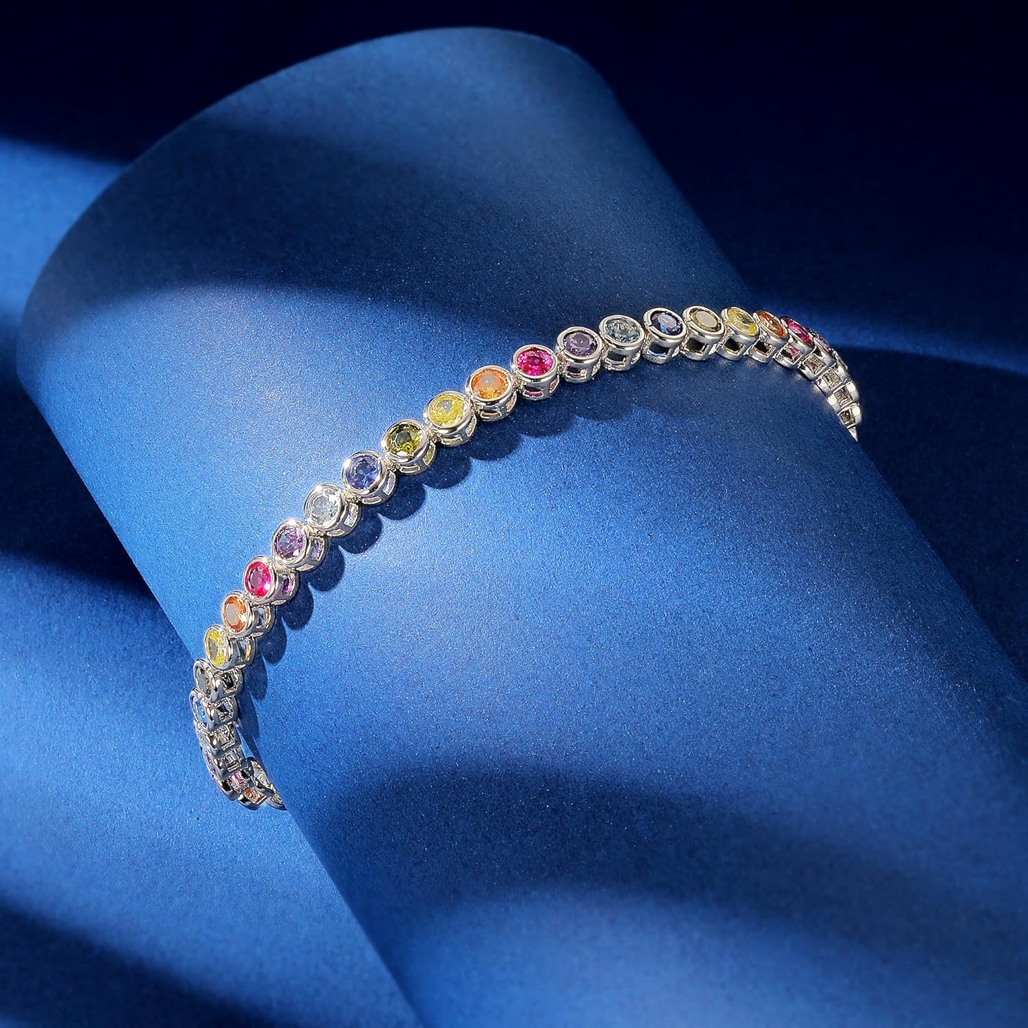 Gemsme 3.0mm Colorful Tennis Link Bracelet, 18K White/Yellow Gold Plated Bezel-Set 3MM Cubic Zirconia Rainbow Tennis Bracelet for Women 6-8.5 Inches - Image 3