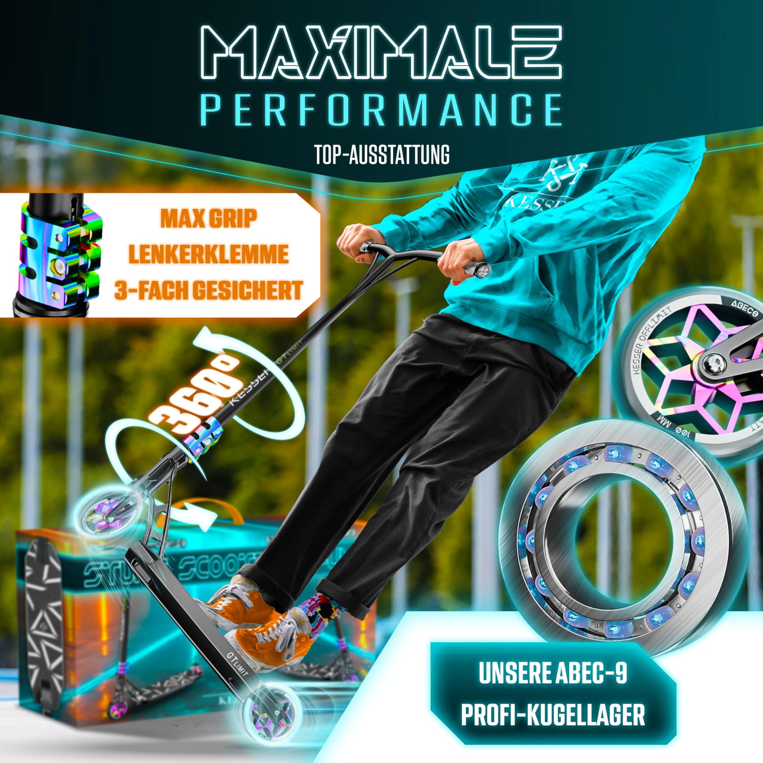 KESSER® Stunt Scooter GT-Limit 360° Lenkung Funscooter Stuntscooter mit Ständer ABEC 9 Kugellagern, 110 mm PU Räder, Kickscooter Tretroller Cityroller Trick Roller für Kinder Erwachsene