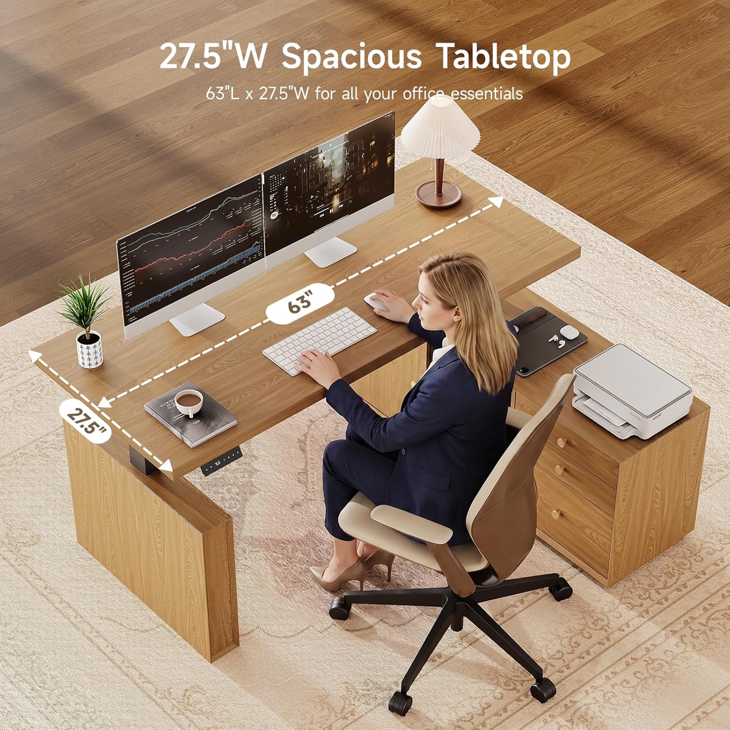 ONBRILL 63" L Shaped Electric Standing Desk with Drawers, Height Adjustable Corner Desk w/File Cabinet, Sit Stand Office Desk, Executive Computer Desk for Office,Study Room, Oak Brown