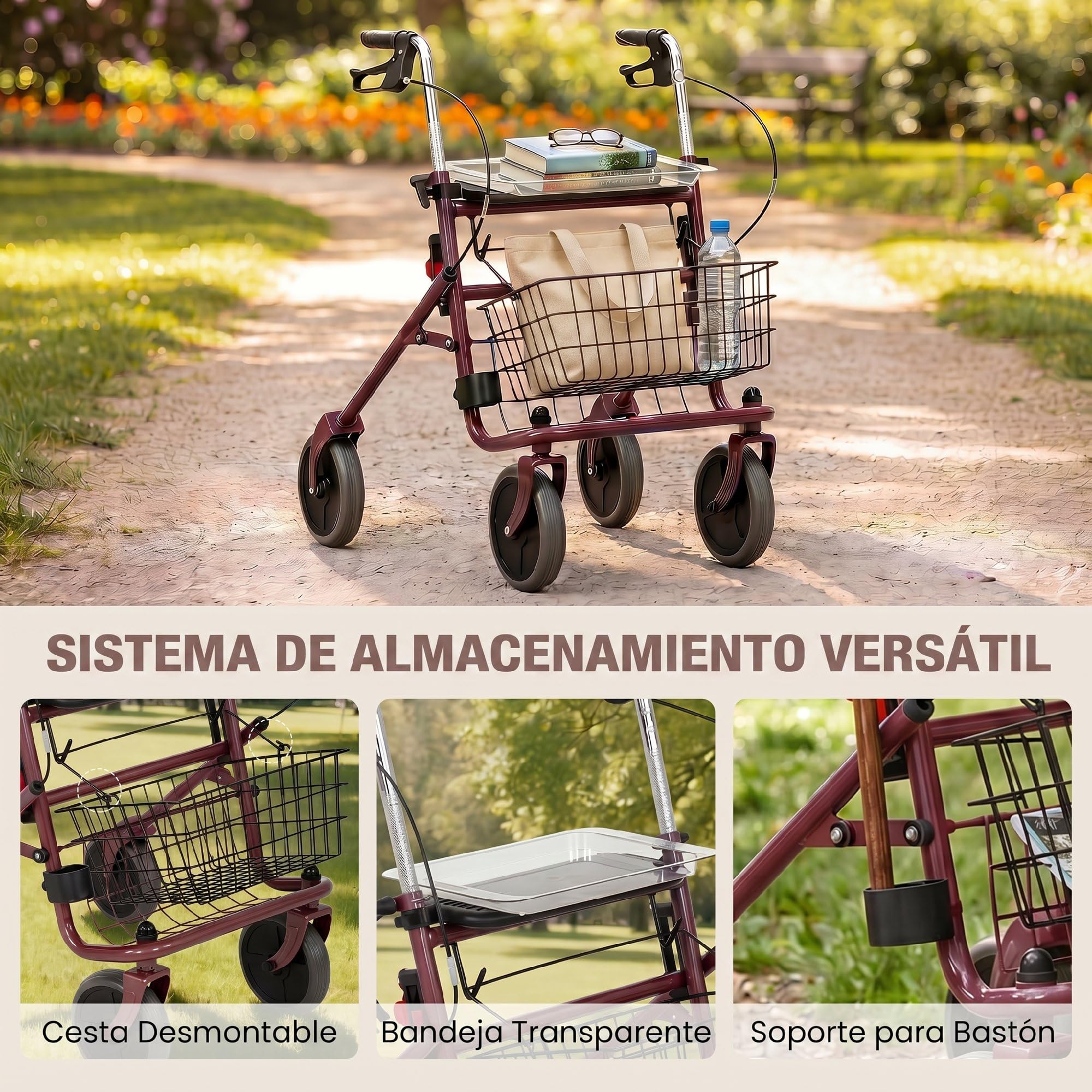 HOMCOM Andador para Ancianos Plegable con Asiento y 4 Ruedas Rojo Vino | Andadores Adultos para Personas Mayores, Altura Ajustable, Frenos de Maneta, Cesta, Bandeja, Porta Bastón