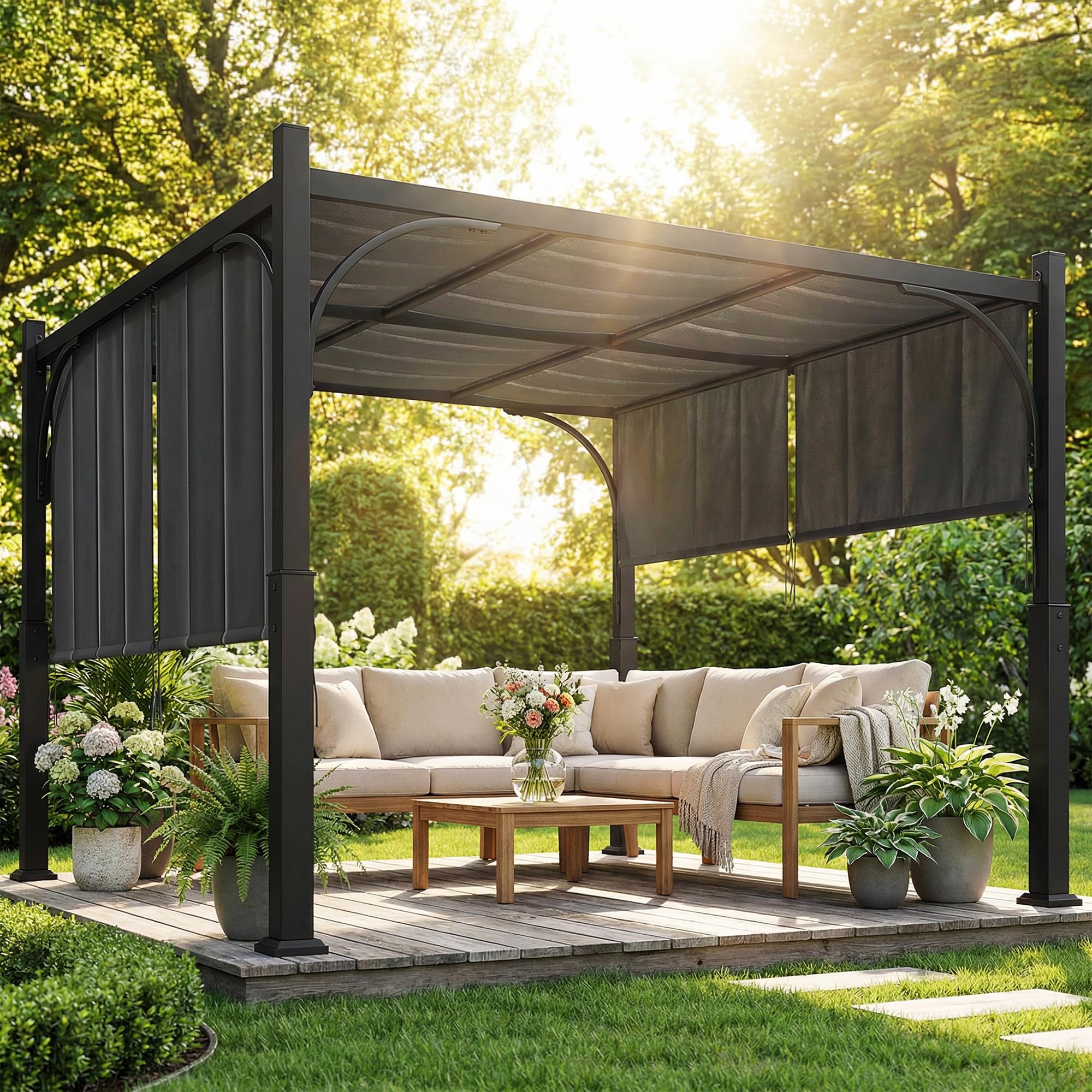 Outsunny - Pergola de jardín, 3 x 3 m, cenador de jardín, con toldo deslizante, estructura metálica, cobertizo solar exterior para terraza o balcón, color gris oscuro