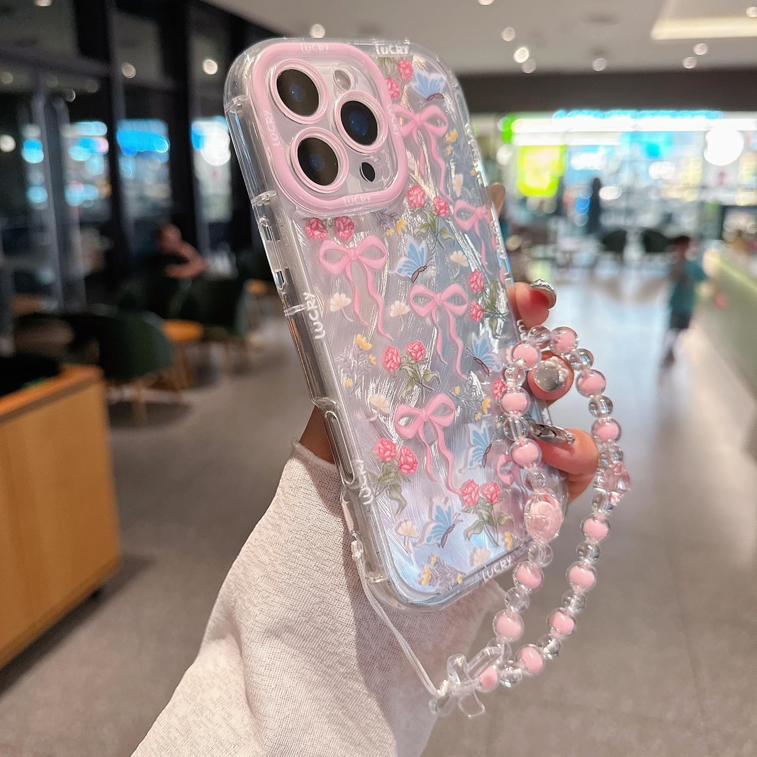 for iPhone 16 Case, Pink Bow Pattern Design,Glitter Sparkling Laser Case,2-in-1 with Beaded Wrist Strap,Soft TPU Frame, Shockproof and Anti-Shock, Suitable for Women & Girls - Image 3