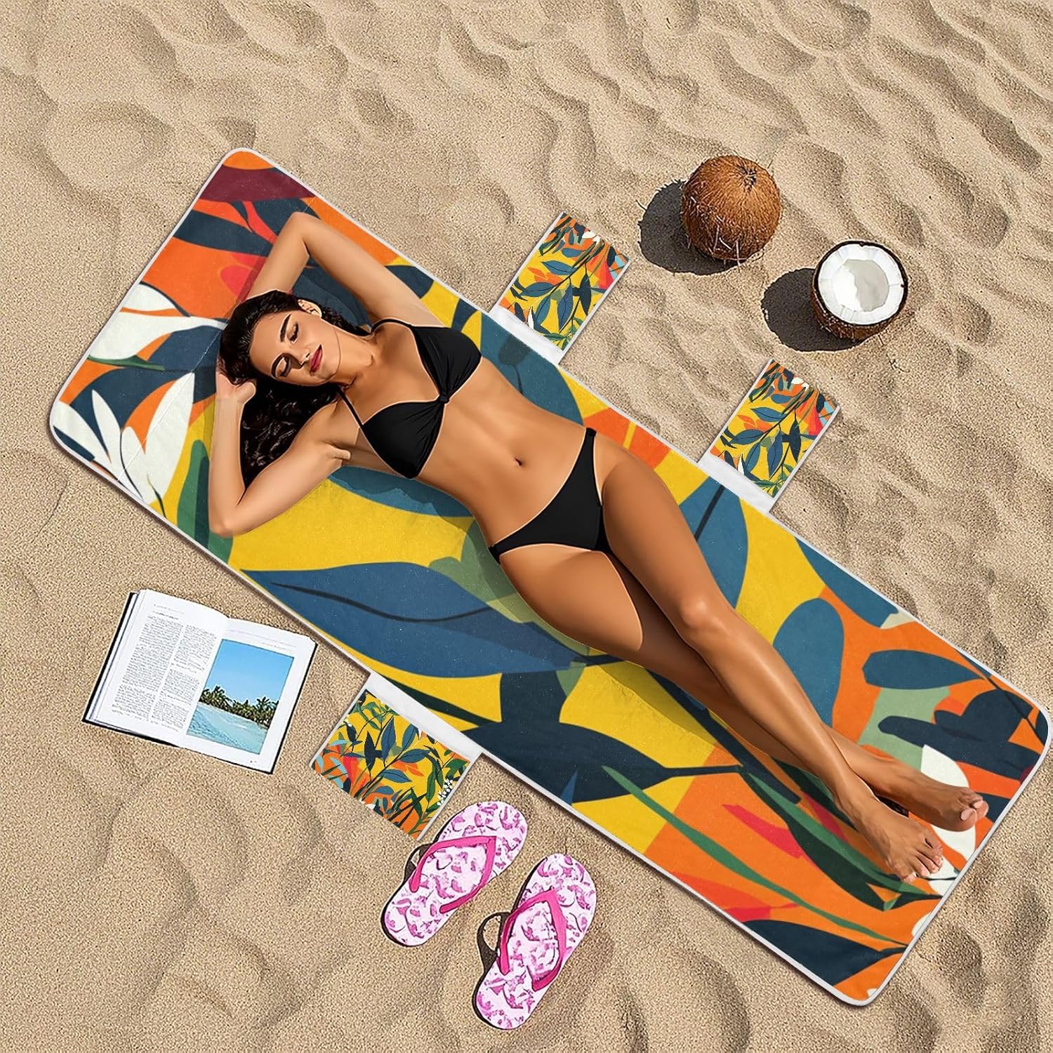 Botanical Illustration Art Orange Patio Chaise Lounge Chair Cover Soft Chaise Beach Spa Towel with Windproof Straps for Outdoor Sunbathing Trips, 85" X 30"