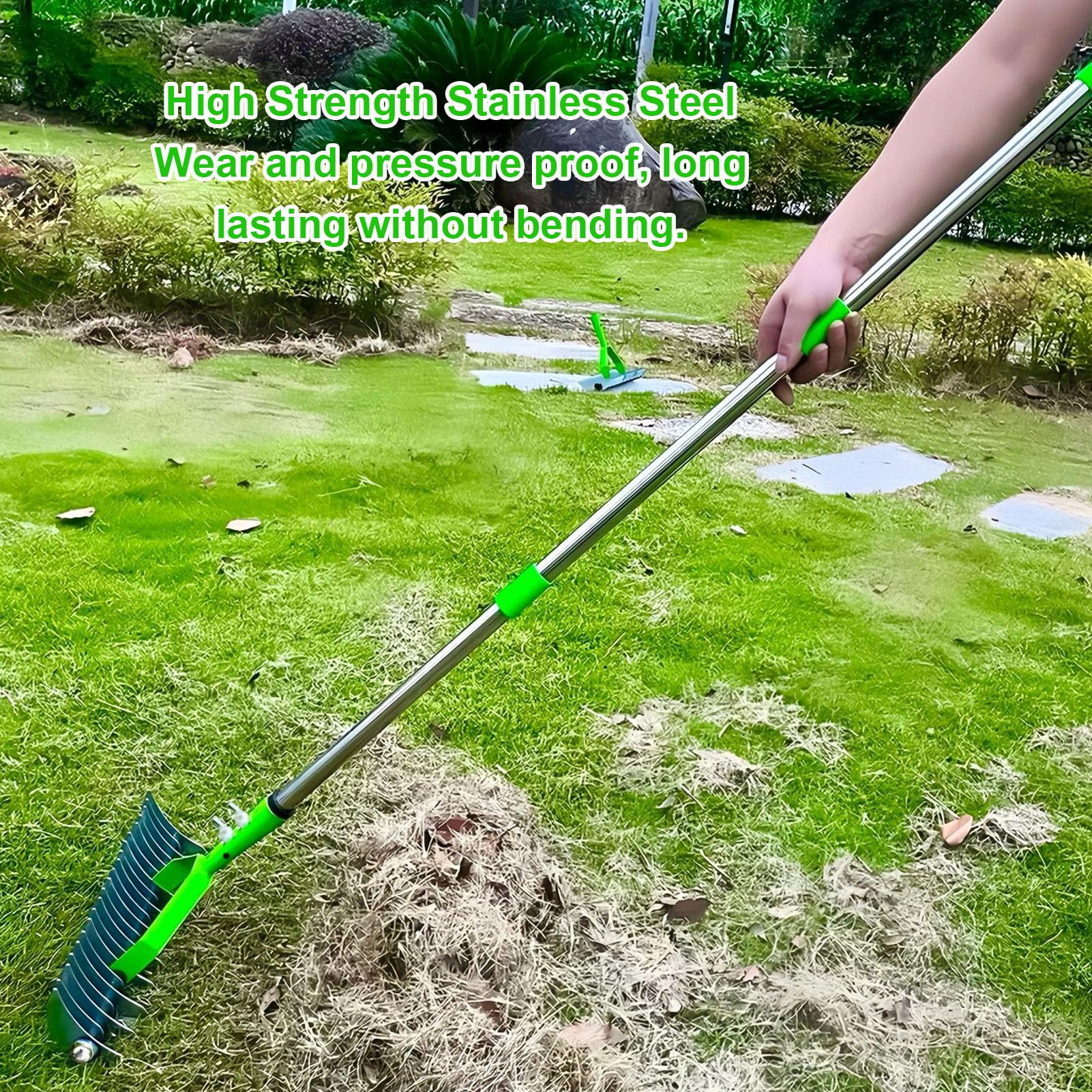 Rastrello da giardino in acciaio con manico staccabile a doppio design per la cura del prato e la rimozione dei detriti dalle foglie