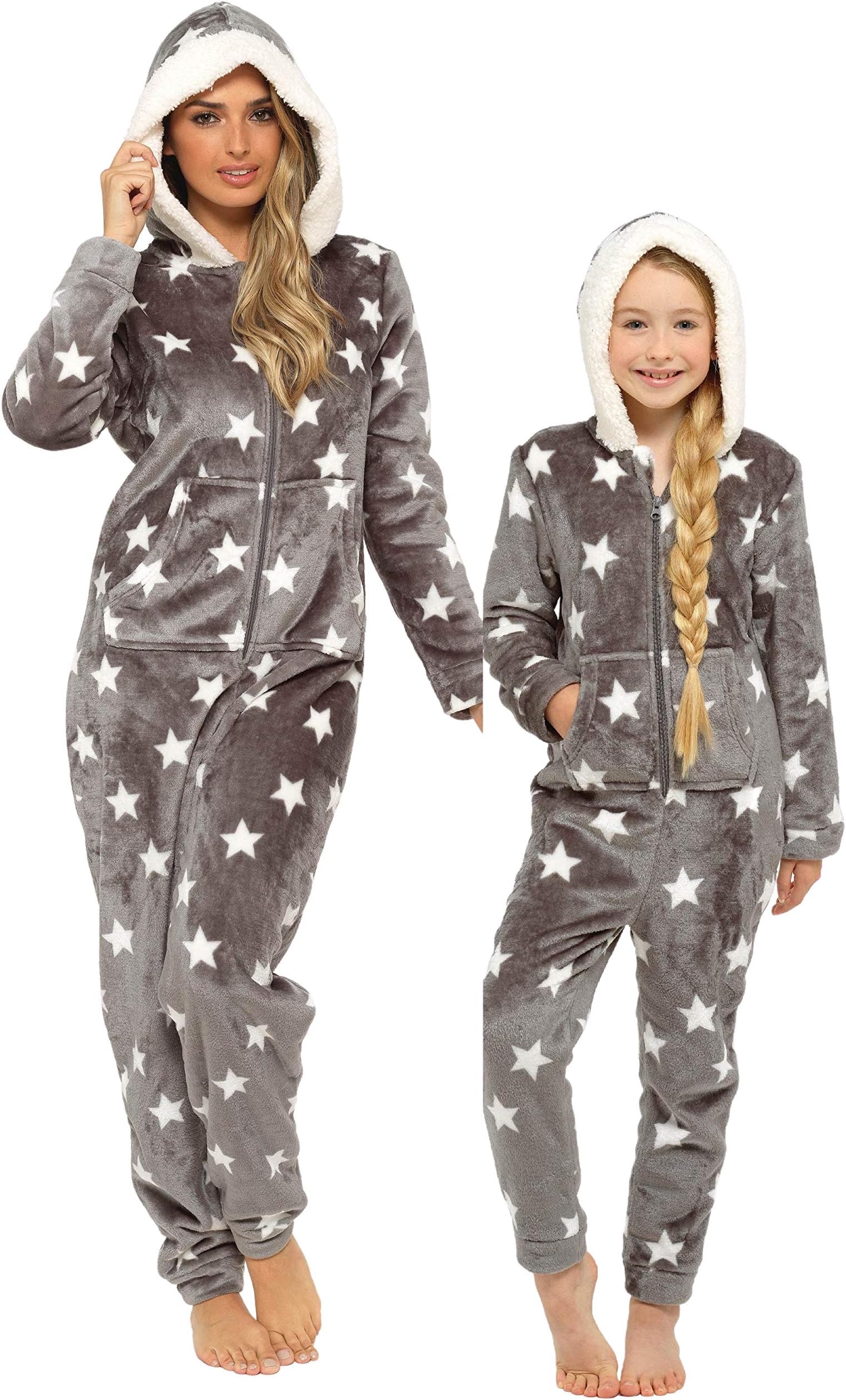 Slumber HutFleece Onesie Star Heart Animal Girls and Womens - Luxury Hooded Novelty Kids & Adults All in One Pyjamas - Mother & Daughter Matching Sizes