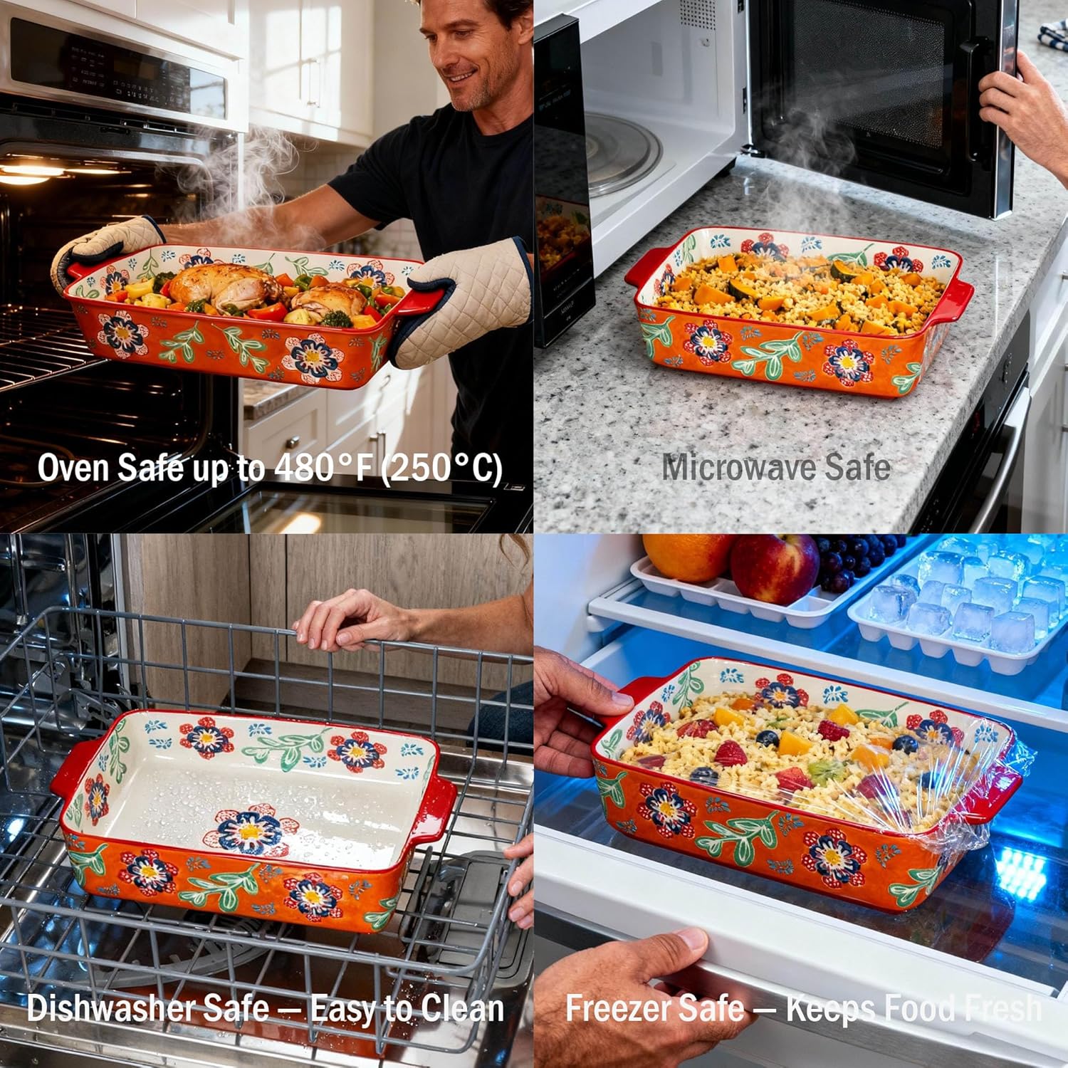 Ceramic Baking Dish Set, 2-Piece Stoneware Bakeware with Handles, 3QT & 1.2QT Casserole Dishes for Oven to Table, Microwave Dishwasher Safe, Lead-Free, Hand-Painted Bakeware -Warm Orange