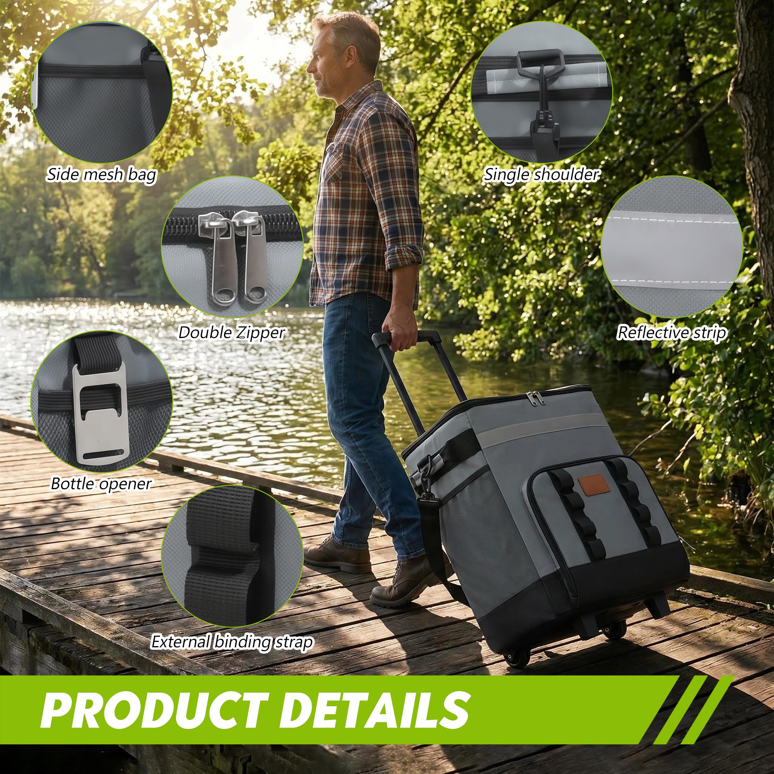 Sac Isotherme à roulettes 35L, Glacière Pliable avec Poignée Télescopique, Sac de Pique-Nique Portable et Imperméable en Tissu Oxford 600D avec Bretelles Réglables pour Camping BBQ Plage