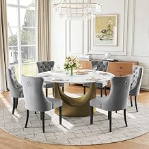 Dining Table Set for 6, Modern White Round Kitchen Table with 6 Gray Velvet Chairs, 7 Piece Dining Set with Sintered Stone Top, Bronze Metal Base for Living Room Black Legs