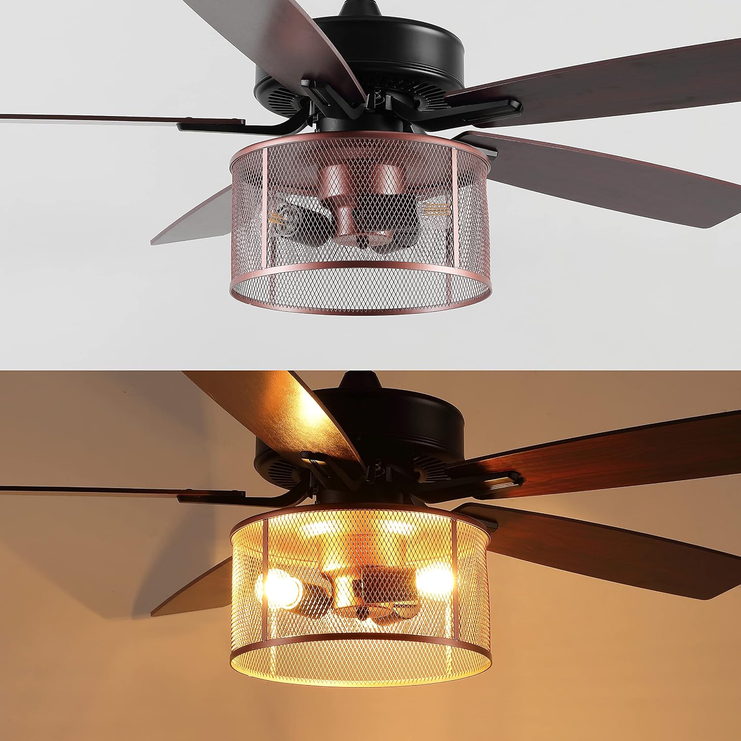JONATHAN Y 52" Black/Red Cherry/Copper Max 3-Light Farmhouse Industrial Iron/Wood Mobile-App/Remote-Controlled LED Ceiling Fan, Metal Shade (JYL9721B)