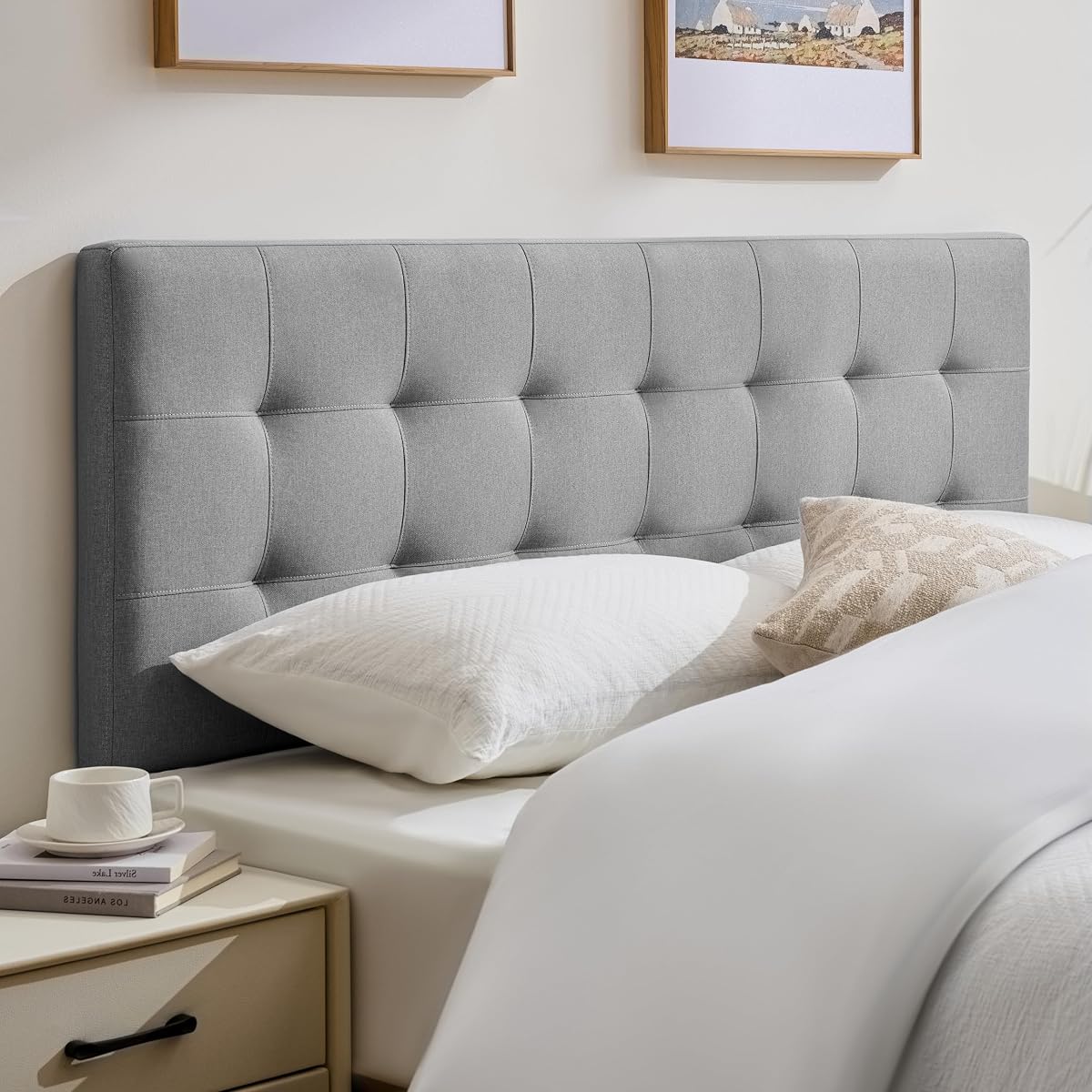 Linen Stitched Tufted Queen Headboard, Adjustable Height 37.2-46 in, Gray | Wood Twin Headboard Only, Padded Support for Reading, Relaxing or Working in Bed, Stable Non-Slip Design, Fits Bed Frame