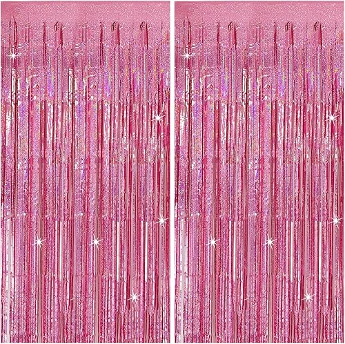 Paquete de 2 telón de fondo rosa para decoración de fiesta, cortina de oropel para fiesta, telón de fondo de papel de aluminio con flecos,