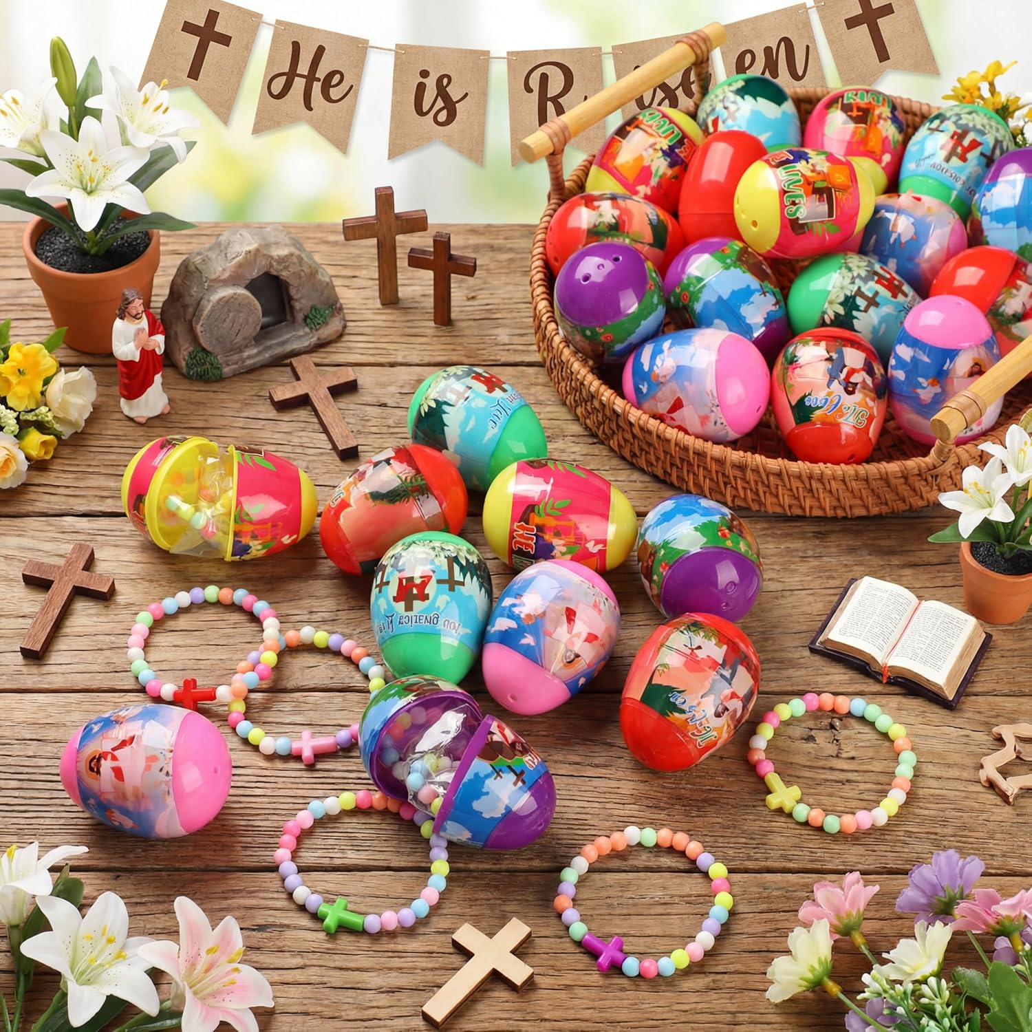 Poen 30 Set Prefilled Religious Easter Eggs with Christian Cross Candy Colored Bracelets Resurrection Eggs Religious Easter Basket Stuffers for Holy Week Church Egg Hunt Party Favors Gifts