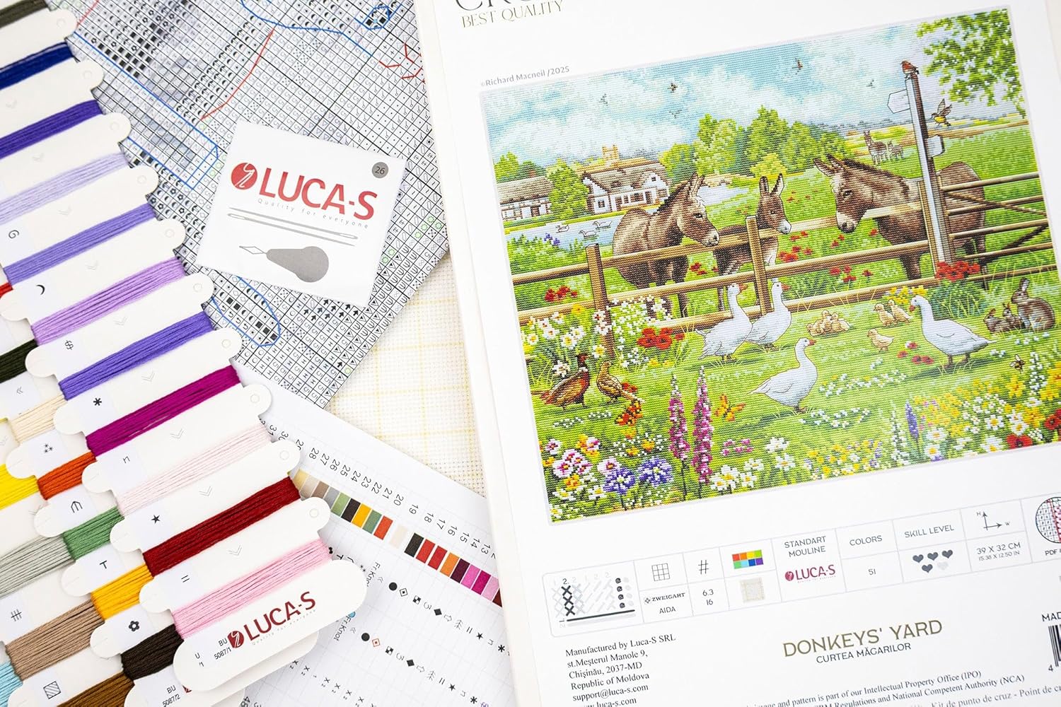 Luca-S Cross Stitch Kit Donkeys' Yard, BU5087, Counted Cross Stitch Kit for Adults, Needlecraft and Embroidery Kit