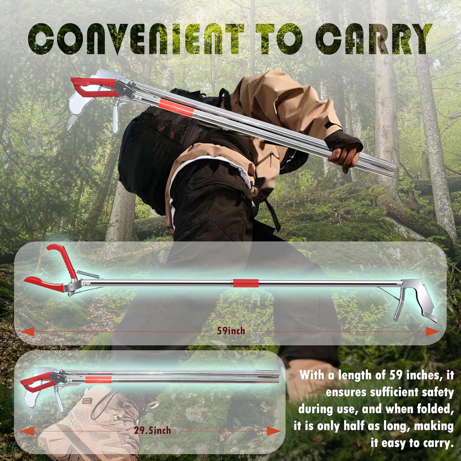 59" Snake Grabber Tool,Rubber-Jawed Locking Reptile Tongs for Rattlesnakes,Long Reach Folding Snake Catcher for Outdoor,Multi-Functional Hook,Pole