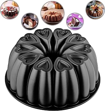 Heart Shape Aluminum Cake Pan, Titanium Coating, Non-Stick, 12 Cups, Heavy Duty, Gifts for Mom, Molded Cake Pan, 10 Inch Baking Mold, Cast Aluminum Fluted Tube Pan, Easy to Clean Black