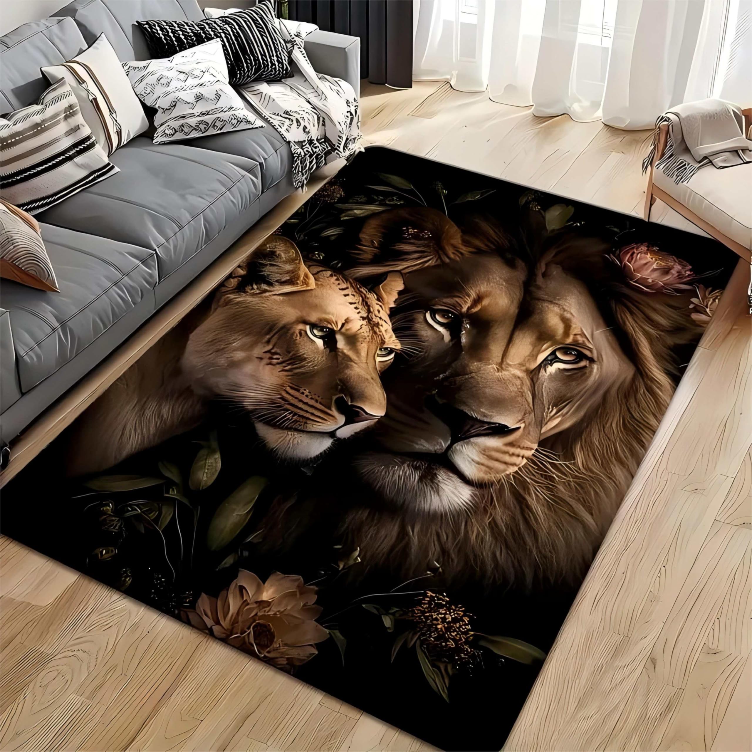 Animal Theme Rug,60x90cm,Black Brown Lion Flower Romantic Luxury Living Room Decoration Rugs, Non-Slip Machine Washable Indoor Large Area Rugs for Living Room Bedroom Dining Room Bathroom