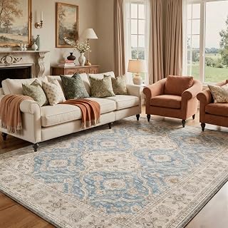 GENIMO Waschbarer Teppich Wohnzimmer Vintage, Boho Teppich Schlafzimmer Groß Orientalisch rutschfest für Badezimmer Esszimmer 160X230CM Beige Blau