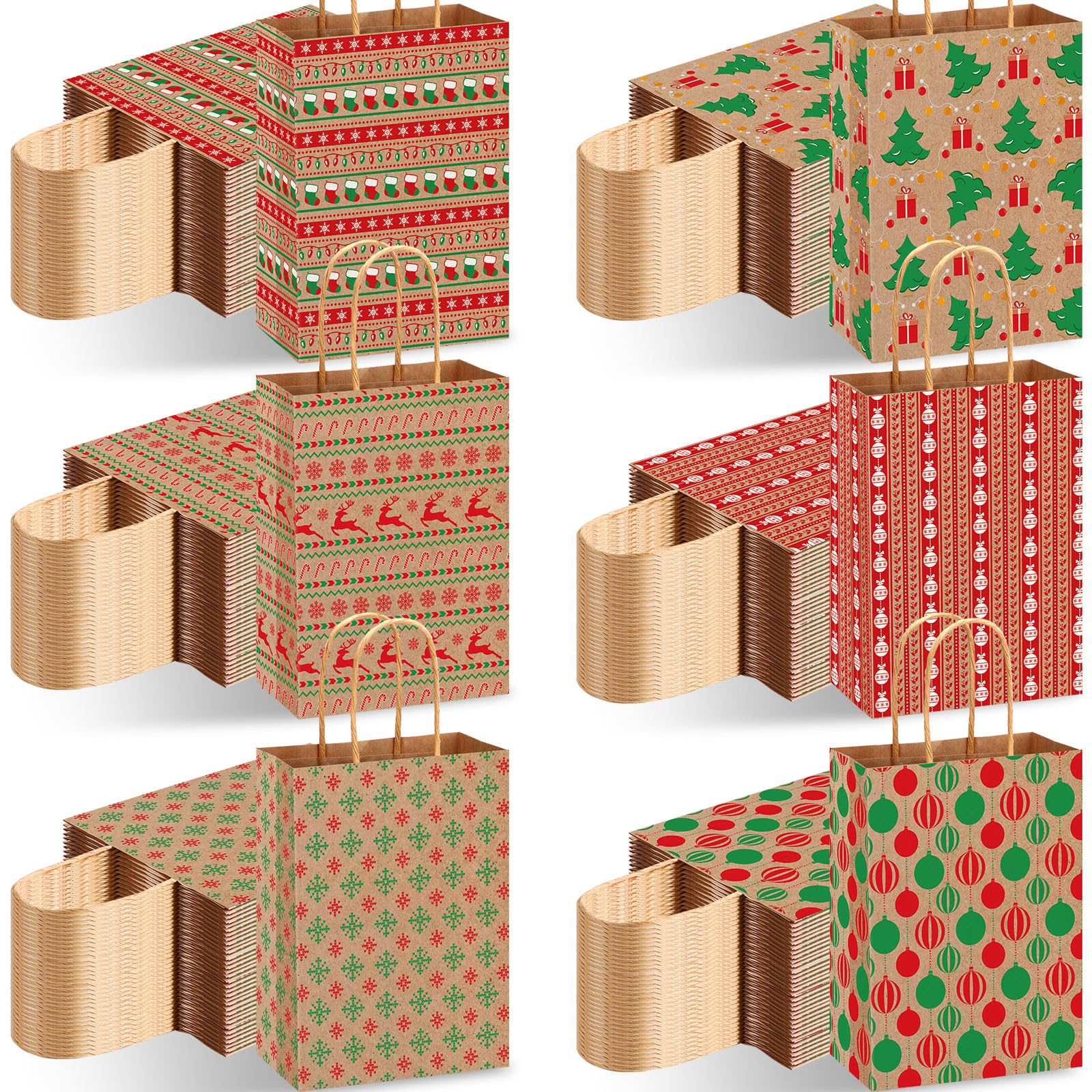 Fulmoon 120 bolsas de regalo de papel kraft de Navidad a granel con asa, bolsas de regalo de Navidad para regalos de Navidad, suministros de decoración de fiesta de Navidad