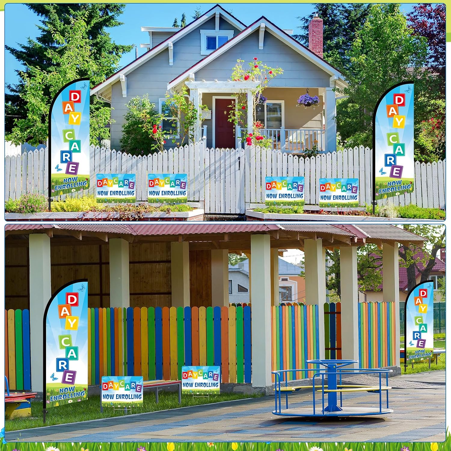 Hahafelt 1 Pcs 7 ft Now Enrolling Daycare Feather Flag with Pole Kit and 5 Pcs 16 x 12 Inch Now Enrolling Yard Signs with Stakes Marketing Sign for Schools Business Advertising Outside Outdoor