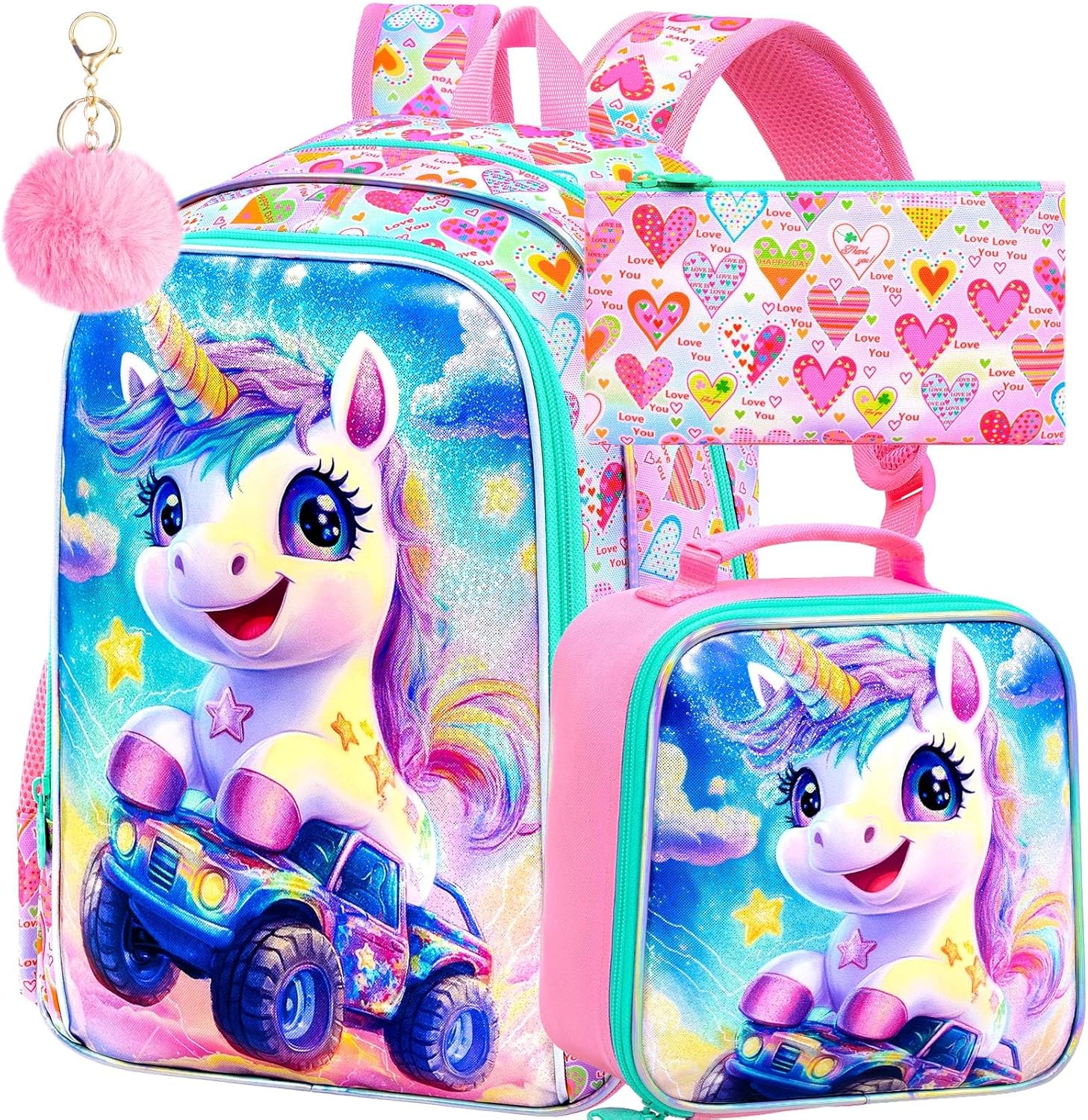 KLFVB 3PCS Unicorn Bookbag for Girls, Water Resistant Kids Backpack with Lunch Box, 16" Preschool Backpack for Elementary - Unicorn Driving Off-road Vehicle