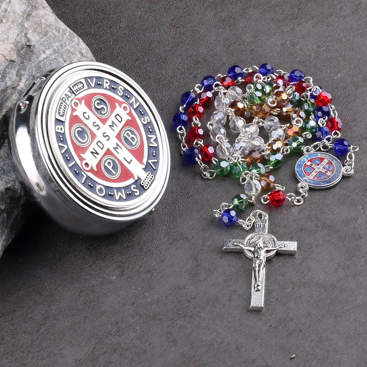 HanlinCC Rainbow Color Crystal Beads Shiny Silver Plated St.Benedict Catholic Rosary with Enamel Steel Gift Box for Women